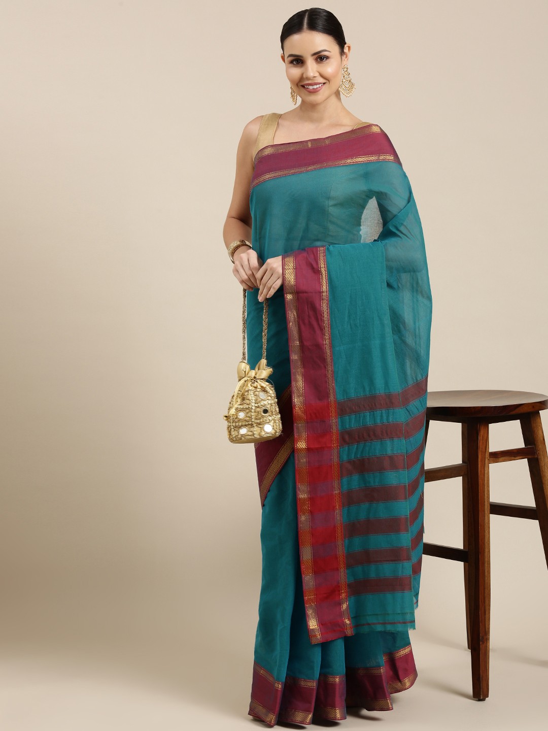 

KALINI Blue & Maroon Solid Cotton Chanderi Saree