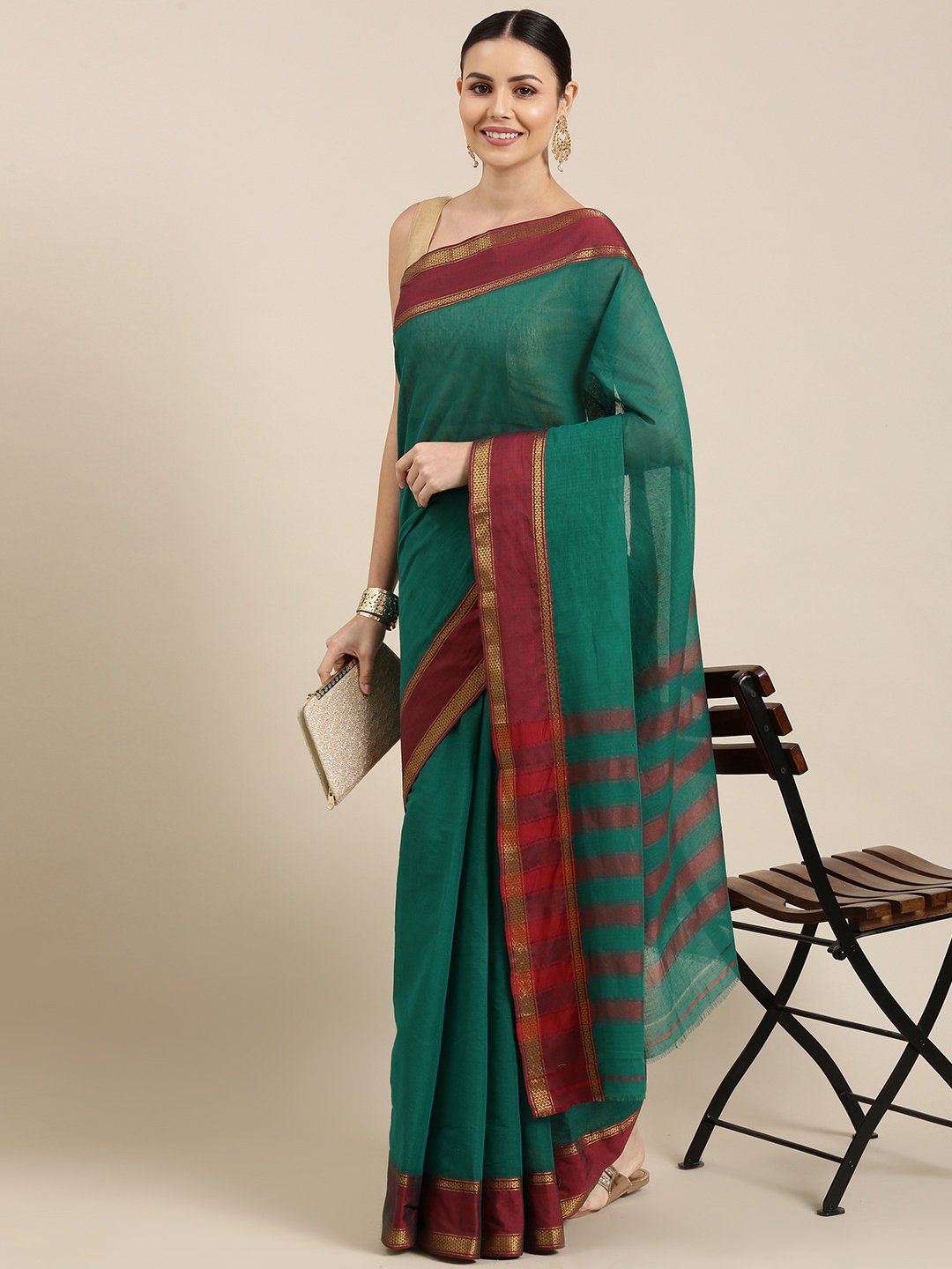 

KALINI Teal Green & Red Pure Cotton Chanderi Saree