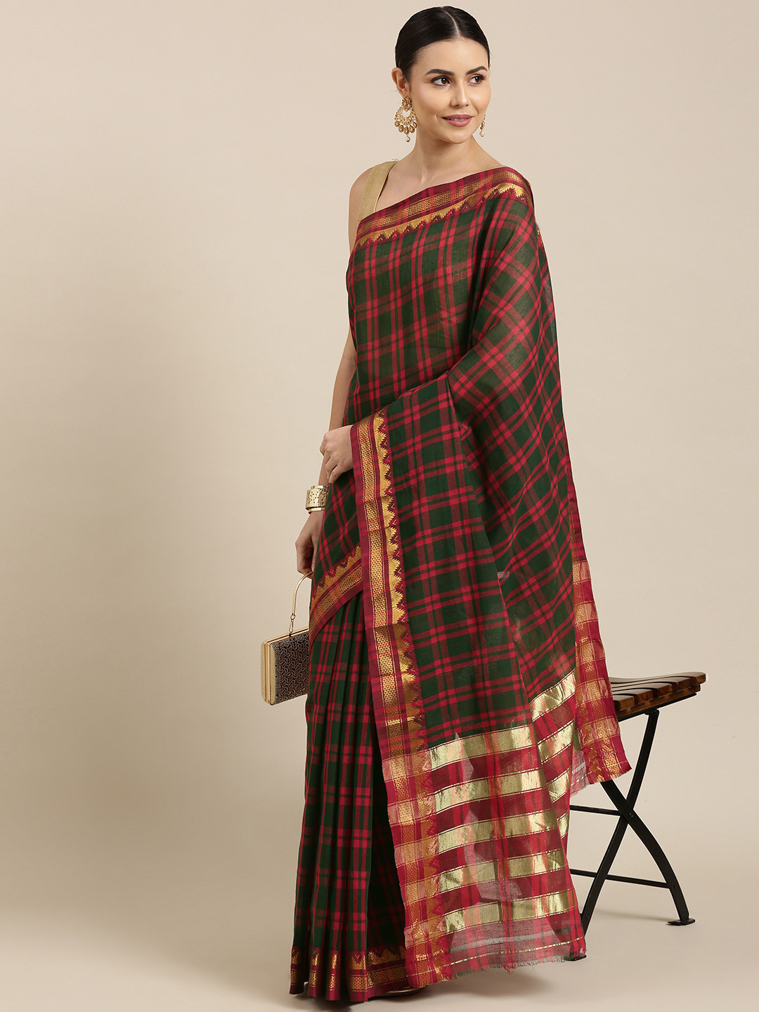 

KALINI Green & Red Checked Pure Cotton Mangalagiri Saree