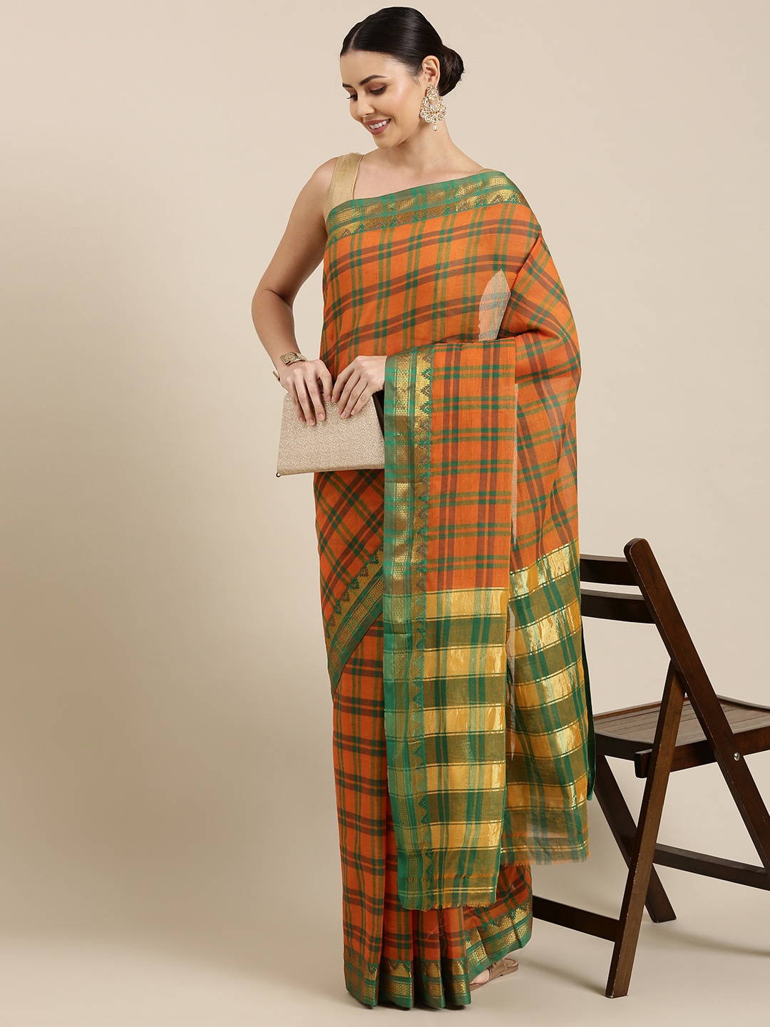 

KALINI Mustard Yellow & Green Checked Pure Cotton Mangalagiri Saree