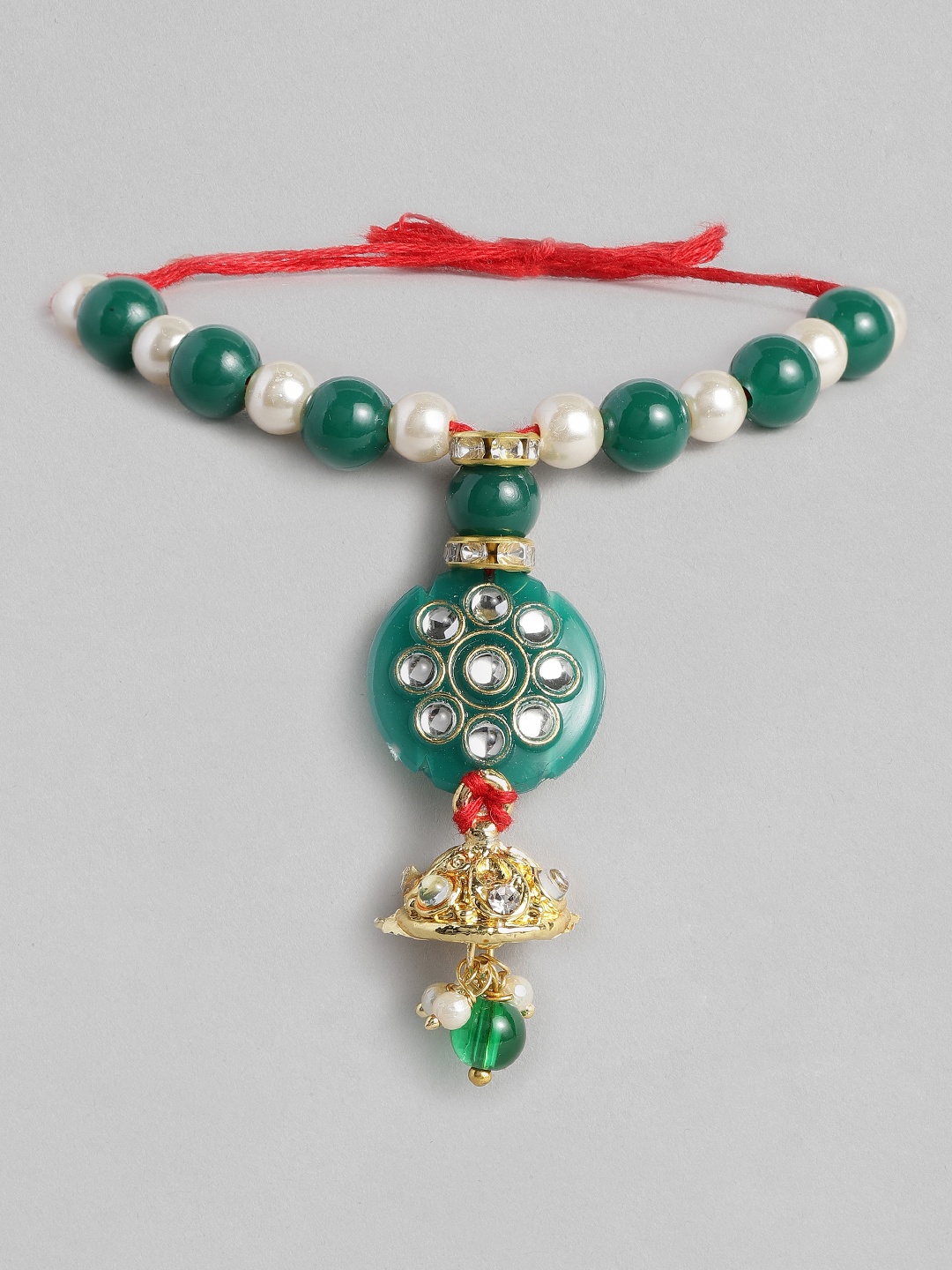 I Jewels Women Green & Off-White Pearl Beads Studded Lumba Rakhi