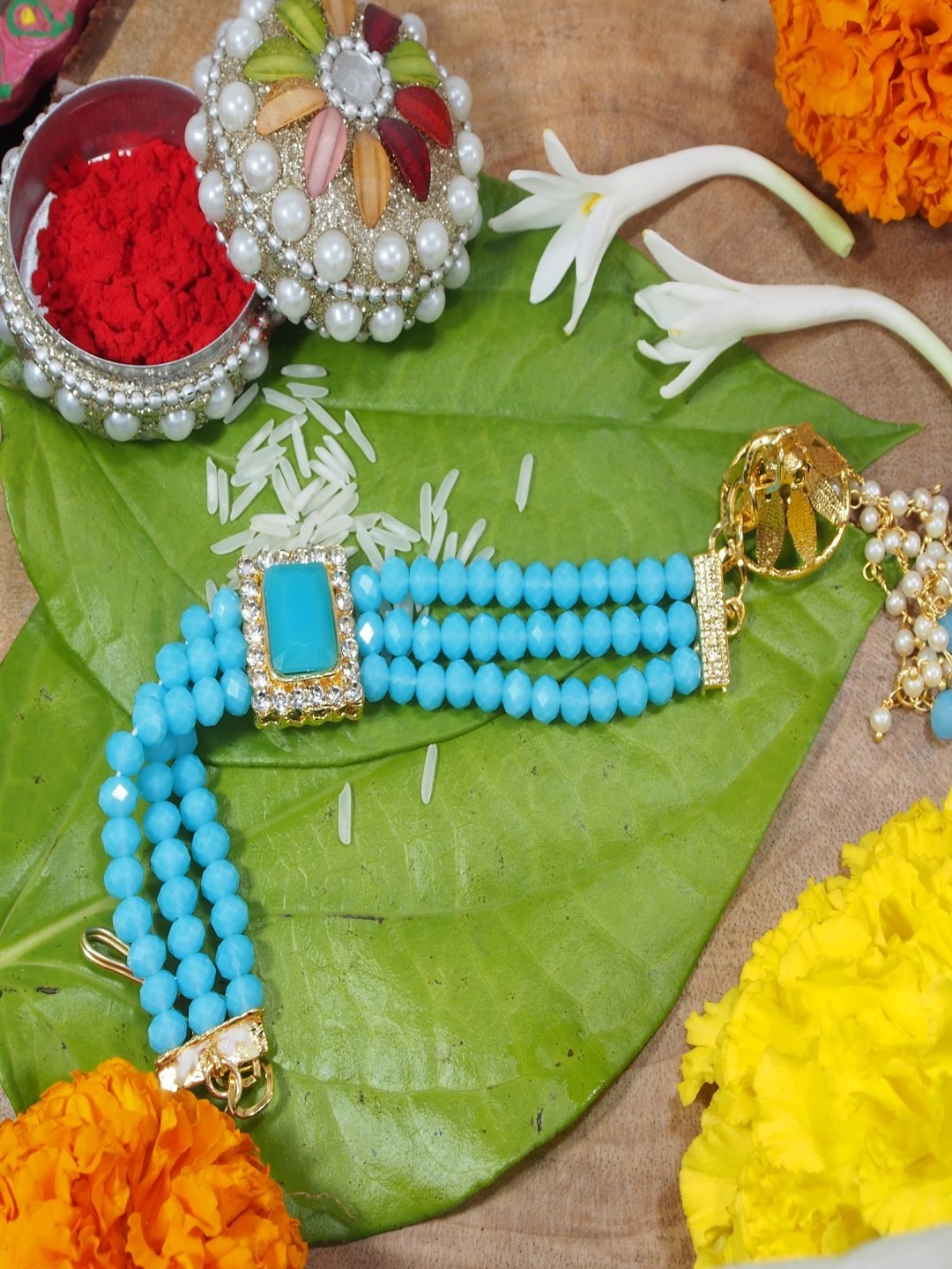 

I Jewels Women Turquoise Blue Pearl Beads Studded Lumba Rakhi