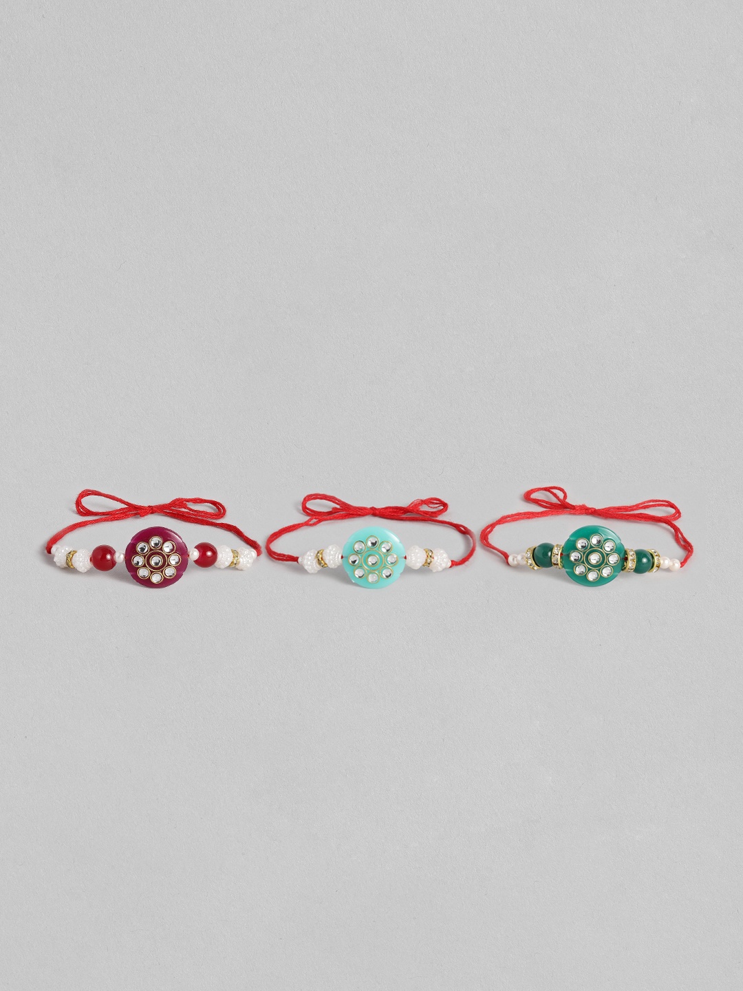 I Jewels Women Set 3 Studded & Beaded Lumba Rakhis, Multi