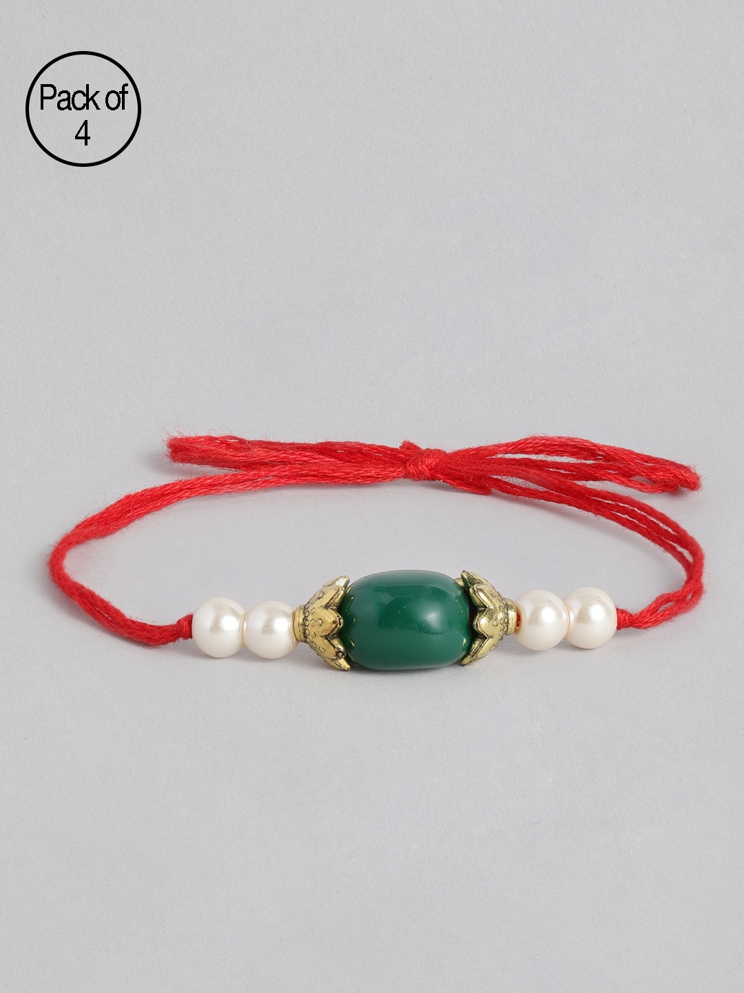 

I Jewels Set of 4 Green & Off-White Pearl Beads Studded Rakhi