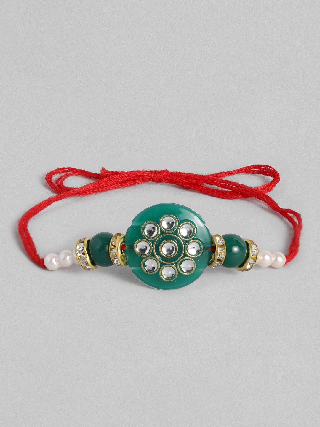 

I Jewels Green & Off-White Pearl Beads Studded Rakhi