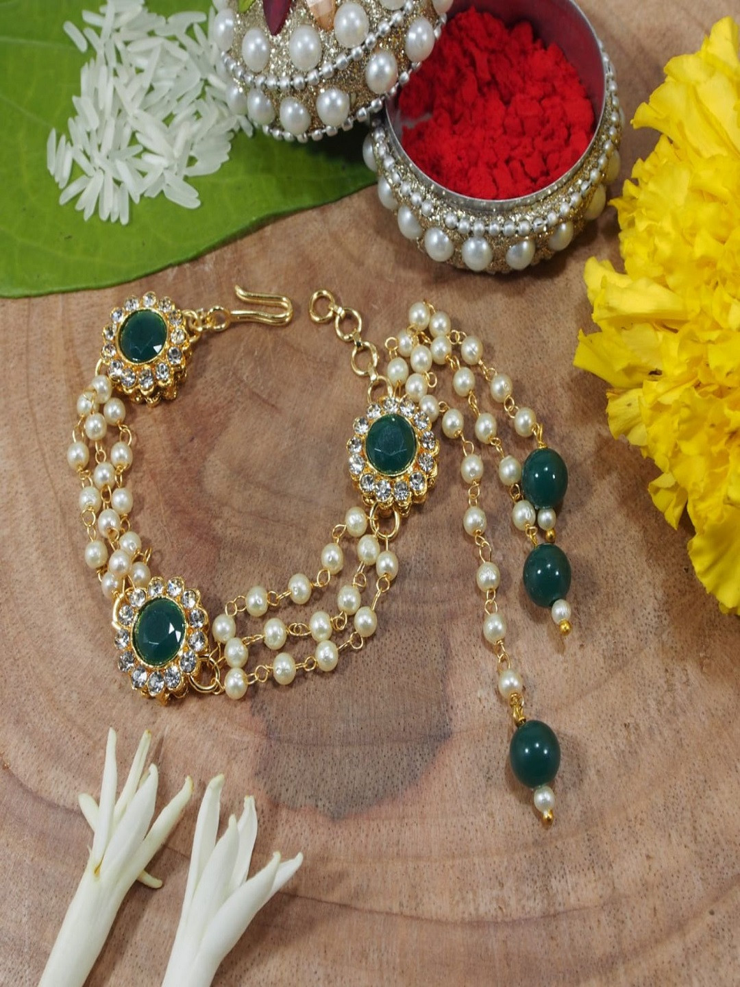 

I Jewels Gold-Toned & Green Beaded & Studded Lumba Rakhi