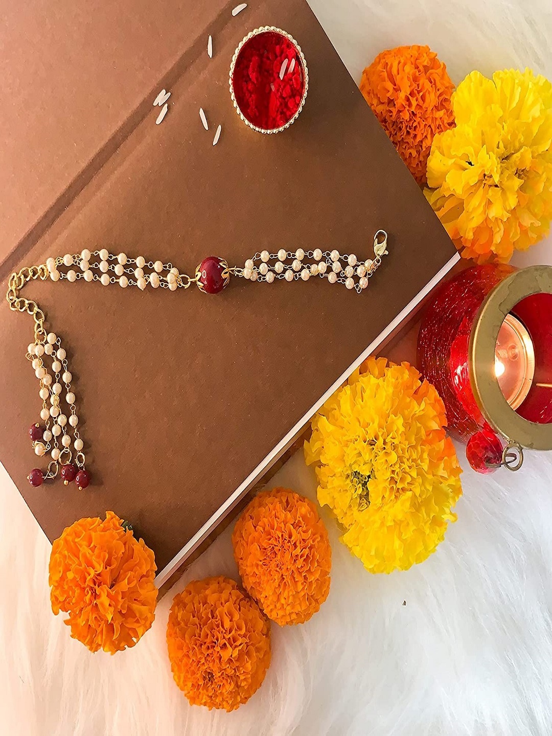 

I Jewels Gold-Toned & Maroon Beaded & Studded Lumba Rakhi