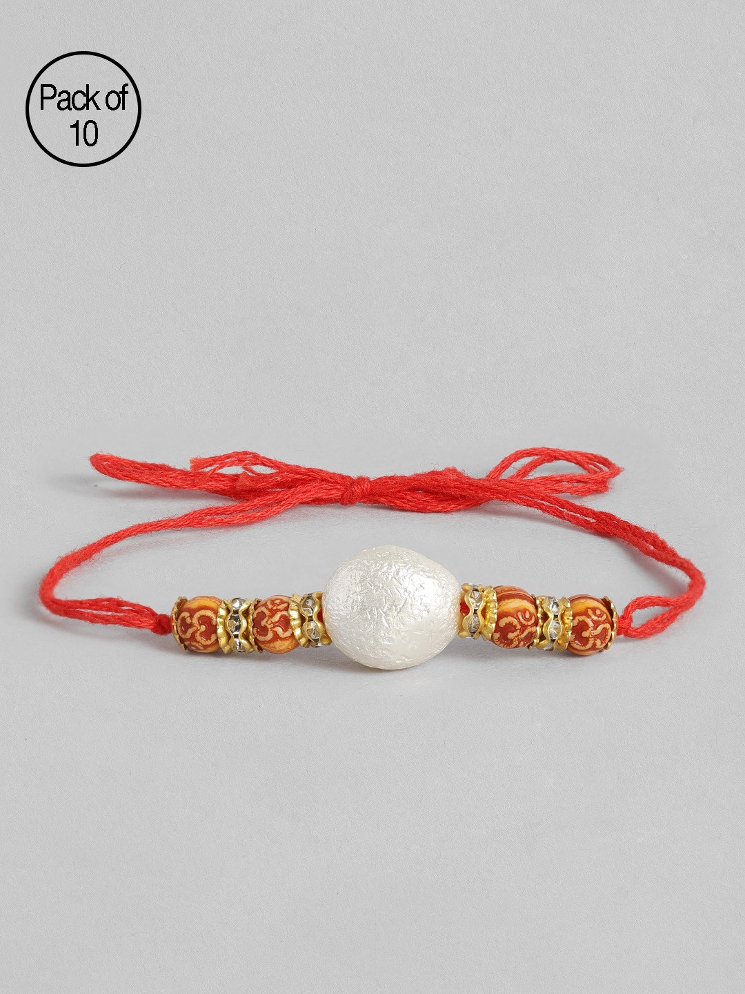 

I Jewels Set of 10 White & Mustard Yellow Pearl Beads Studded Rakhi