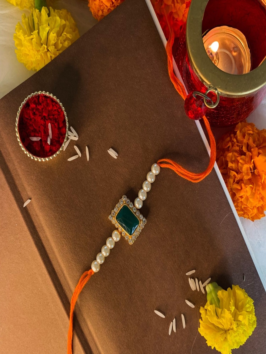 

I Jewels Green & White Beads Studded Rakhi