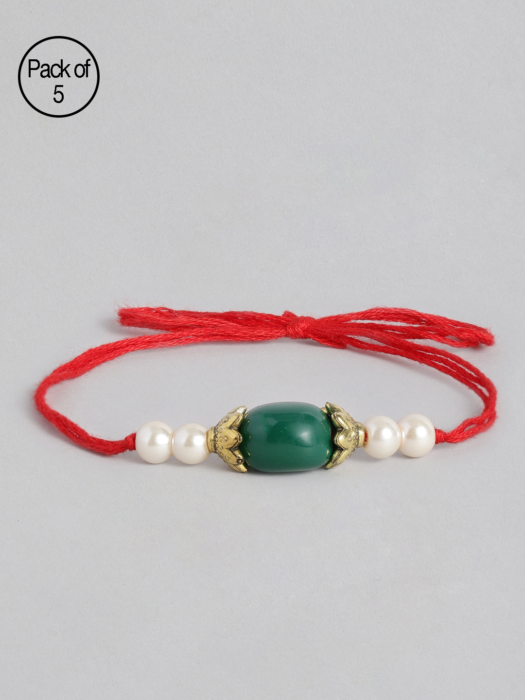 

I Jewels Set of 5 Green & Off-White Pearl Beads Studded Rakhi