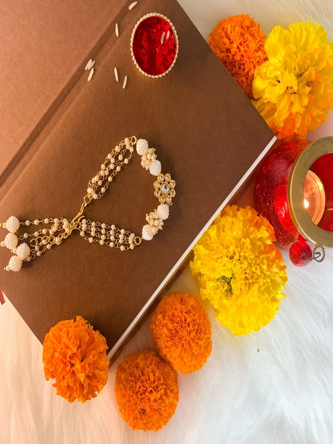 

I Jewels Gold-Toned & White Beaded & Studded Lumba Rakhi