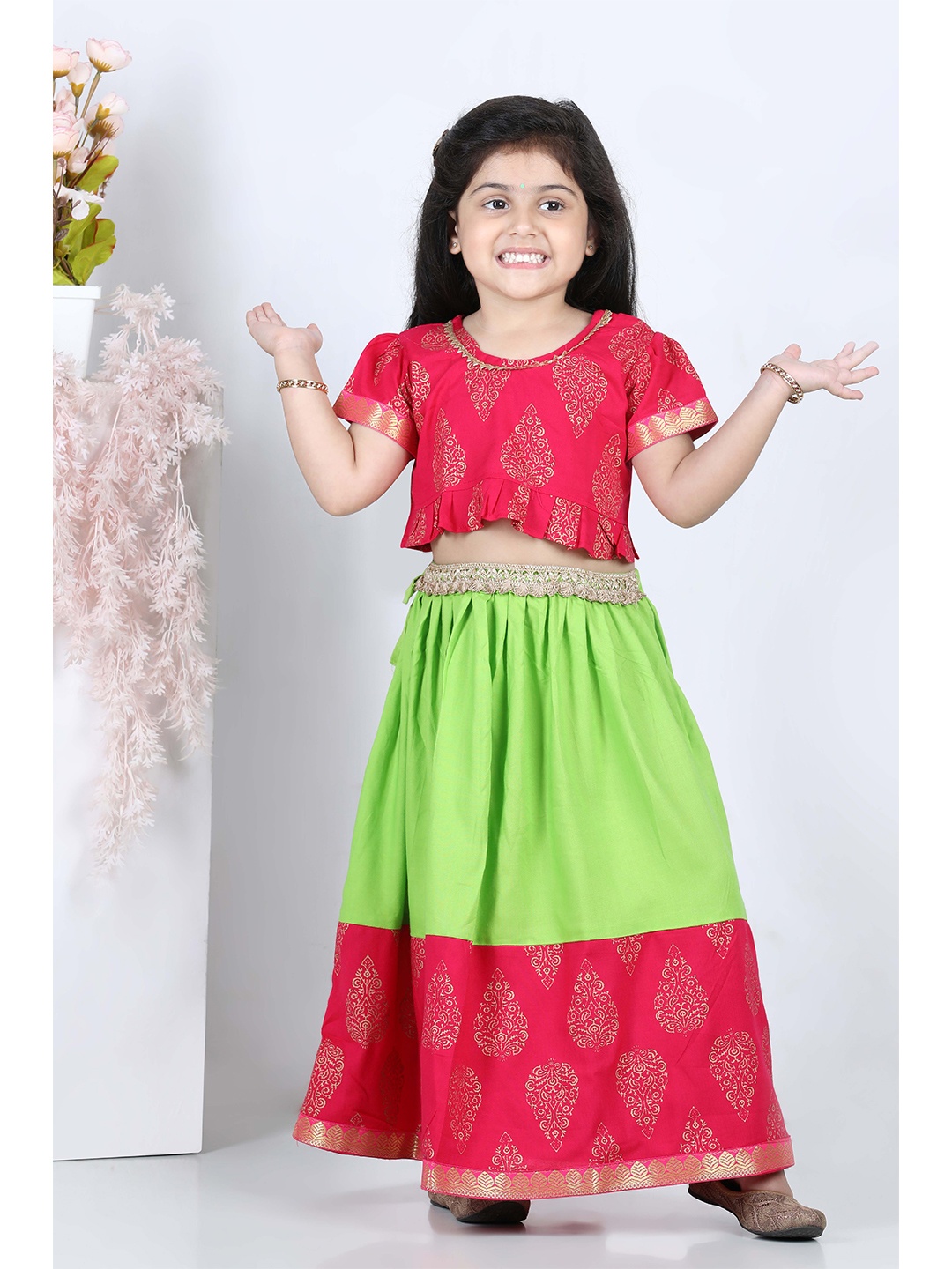 

ADIVA Girls Pink & Green Printed Ready to Wear Lehenga &