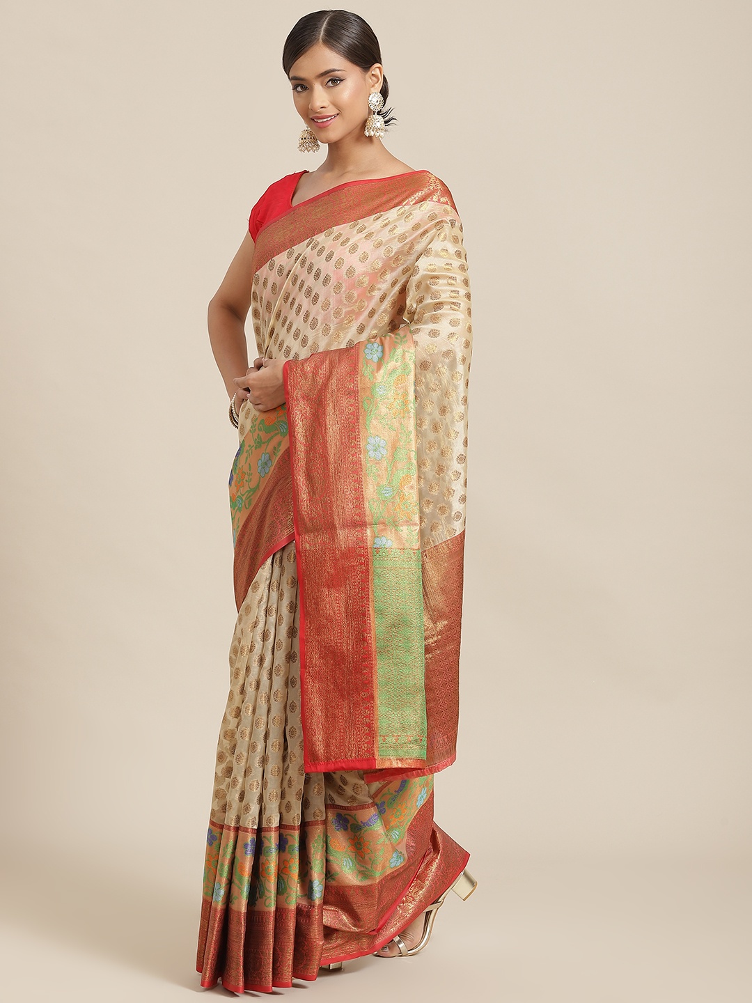 

Silk Land Beige & Red Ethnic Motifs Zari Silk Blend Banarasi Saree