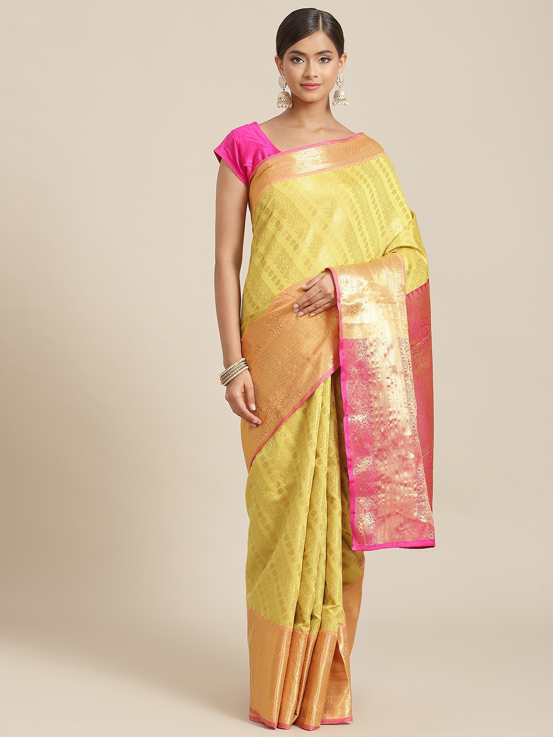 

Silk Land Yellow & Pink Ethnic Motifs Zari Silk Blend Banarasi Saree
