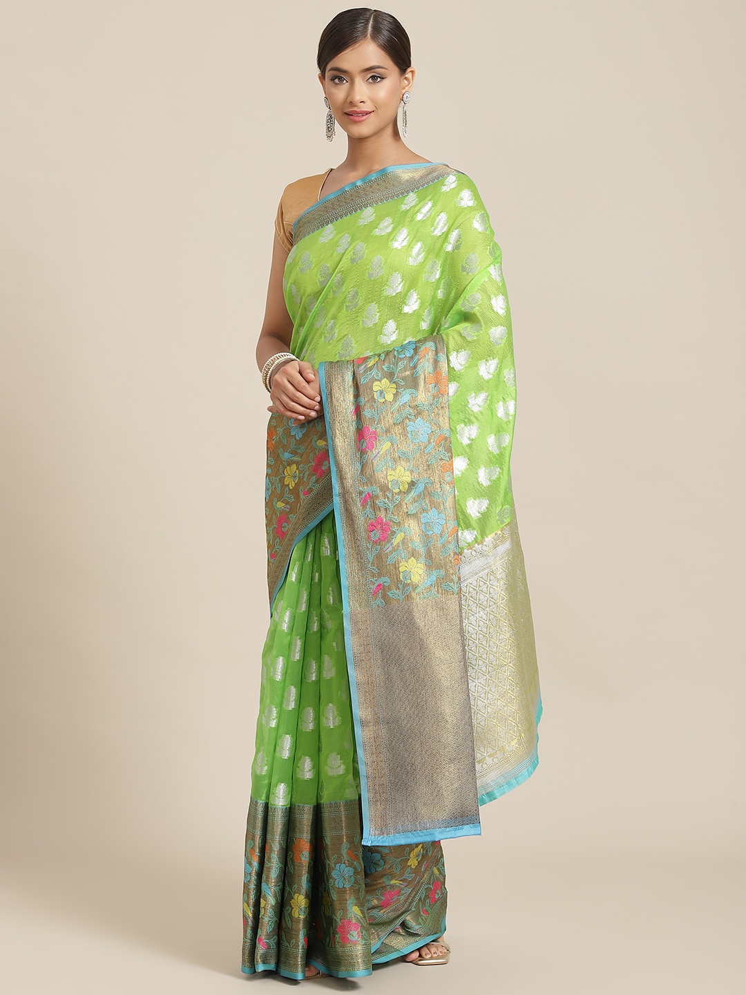 

Silk Land Green & Teal Ethnic Motifs Zari Silk Blend Banarasi Saree