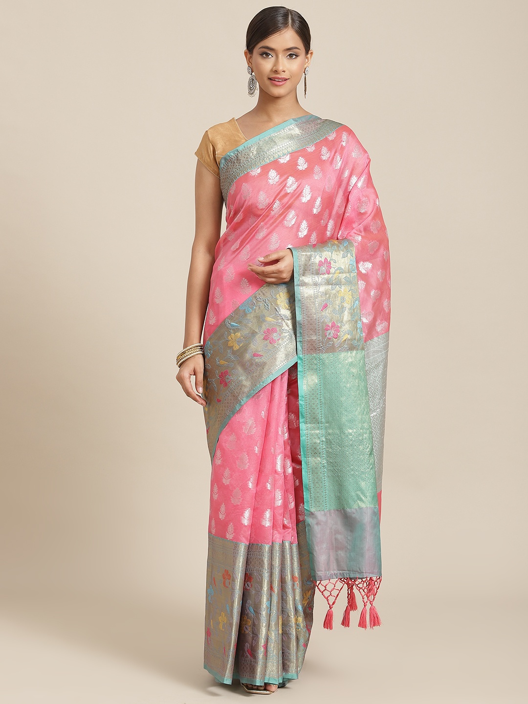 Silk Land Pink & Green Ethnic Motifs Zari Silk Blend Banarasi Saree