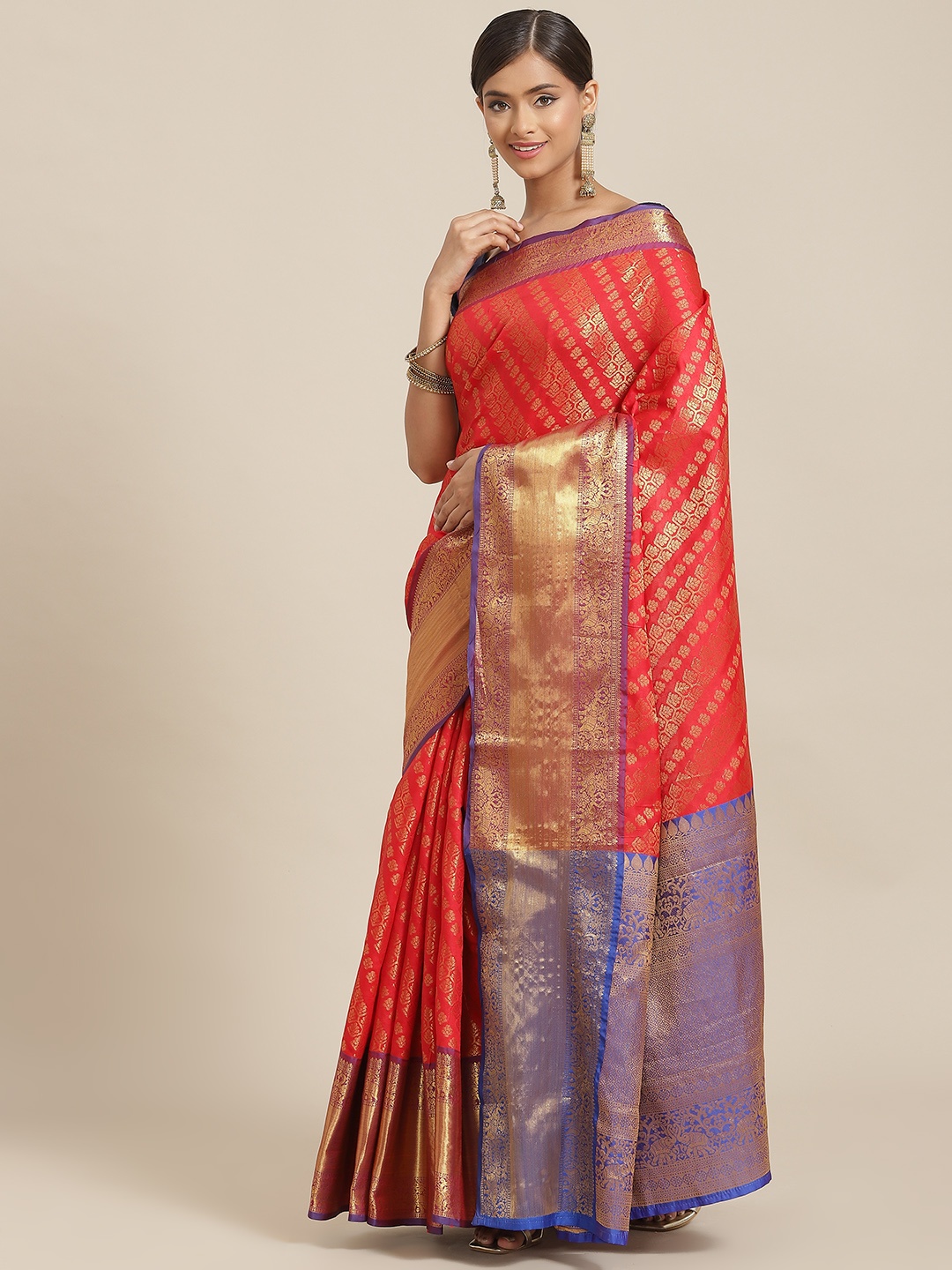 

Silk Land Red & Blue Ethnic Motifs Zari Silk Blend Banarasi Saree