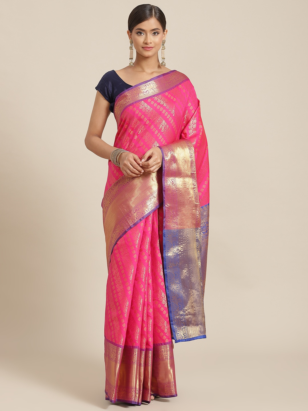 Silk Land Pink & Blue Ethnic Motifs Zari Silk Blend Banarasi Saree