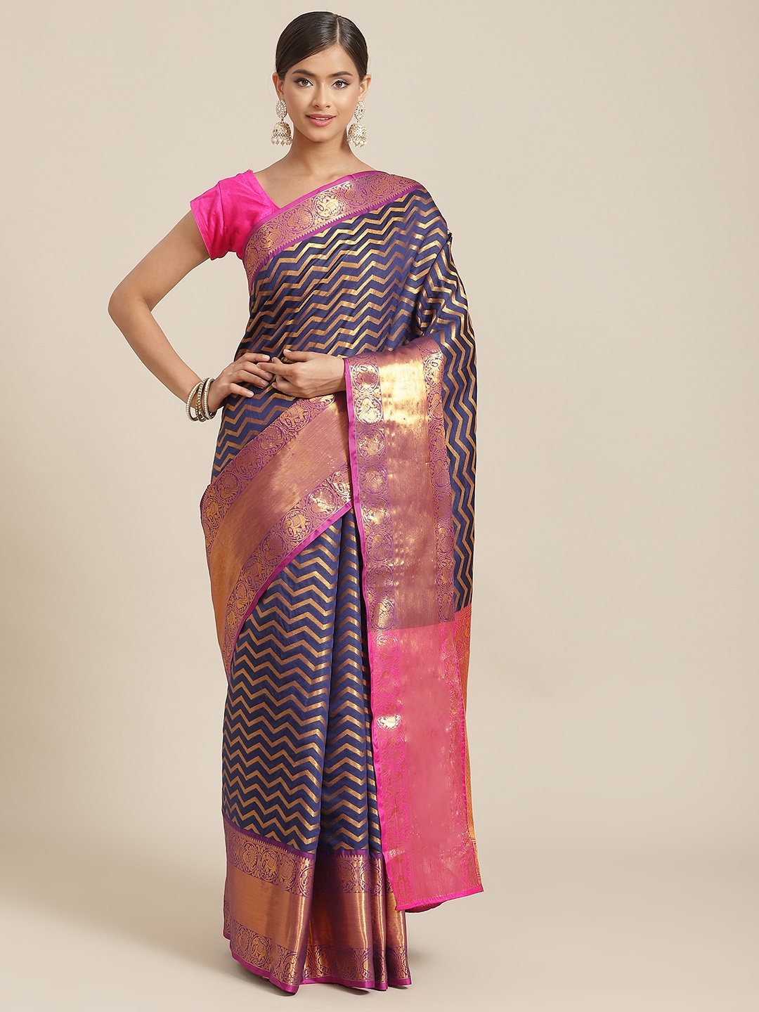 

Silk Land Navy Blue & Pink Zari Silk Blend Banarasi Saree
