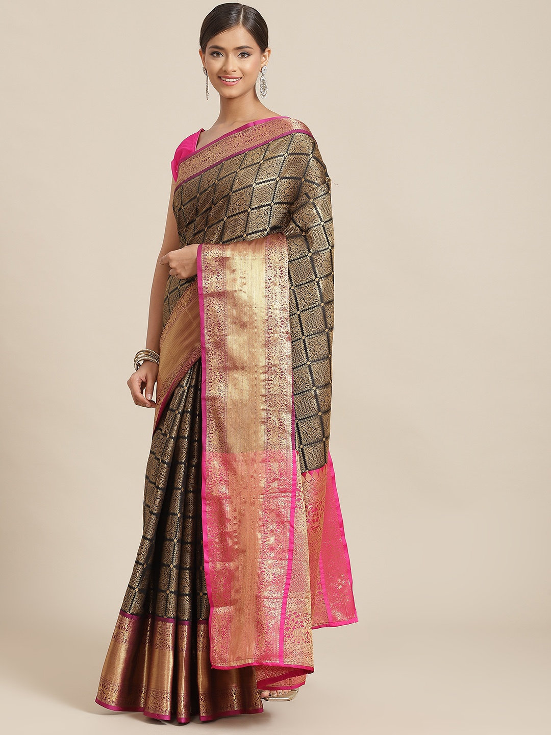 

Silk Land Black & Pink Zari Silk Blend Banarasi Saree