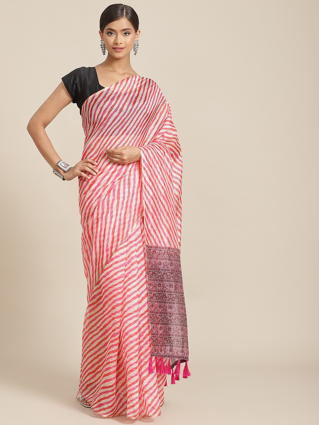 

Silk Land Pink & White Leheriya Zari Silk Blend Leheriya Saree
