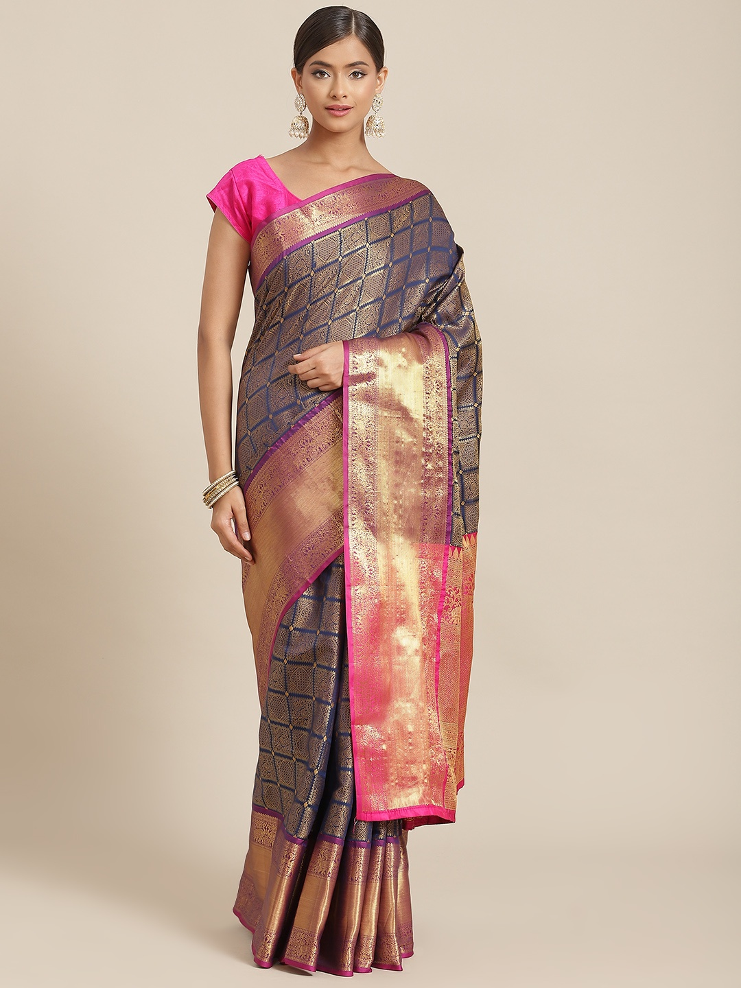 

Silk Land Blue & Pink Zari Silk Blend Banarasi Saree