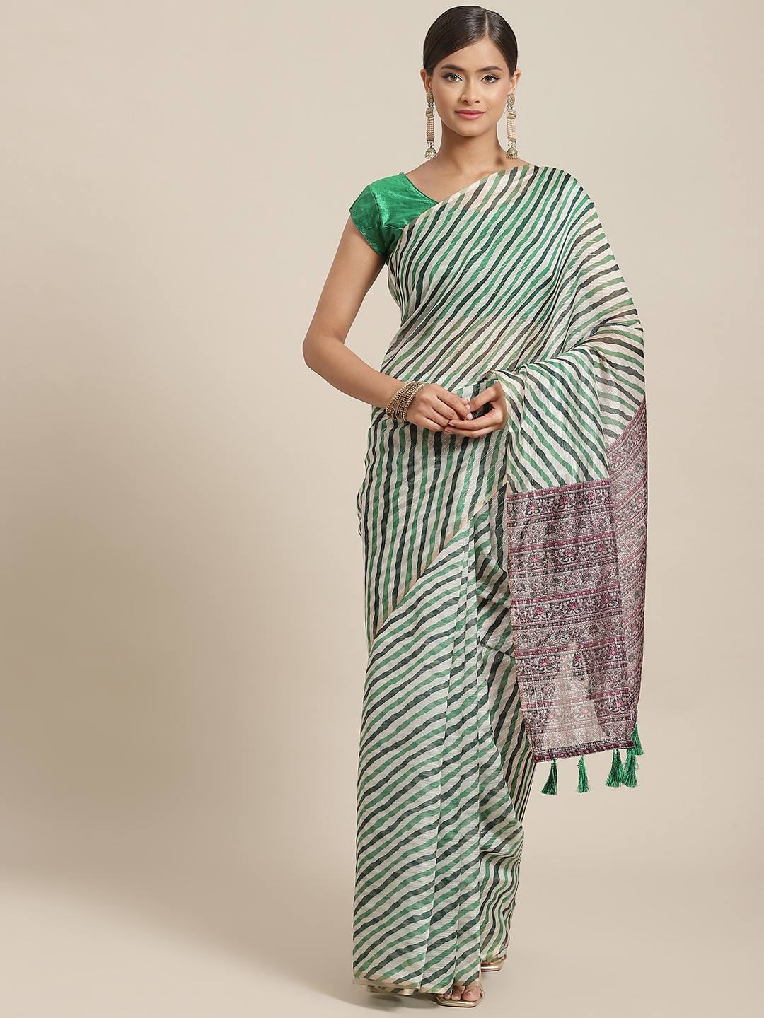 

Silk Land Green & Grey Leheriya Zari Silk Blend Leheriya Saree