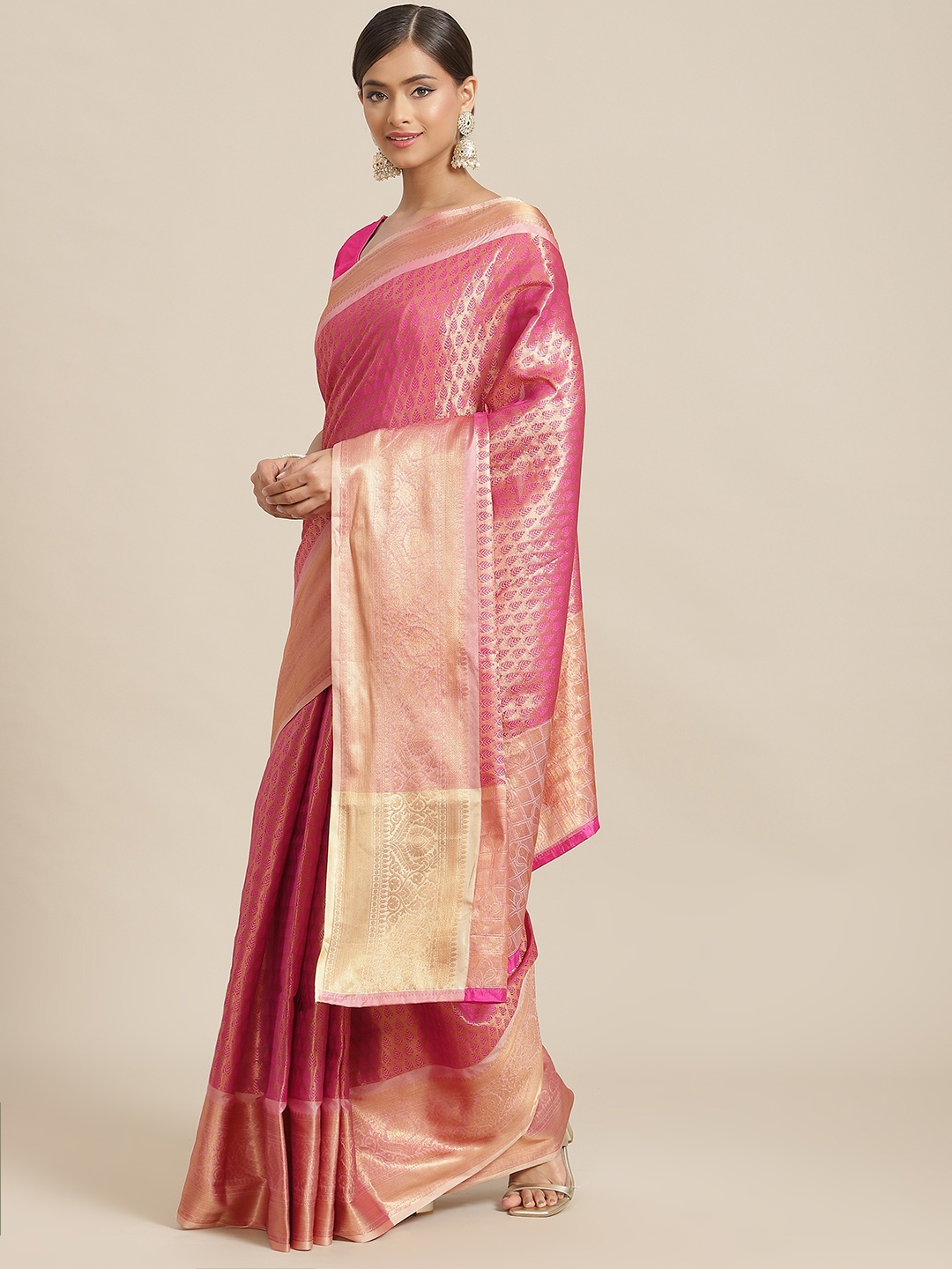

Silk Land Pink & Gold-Toned Ethnic Motifs Zari Silk Blend Banarasi Saree