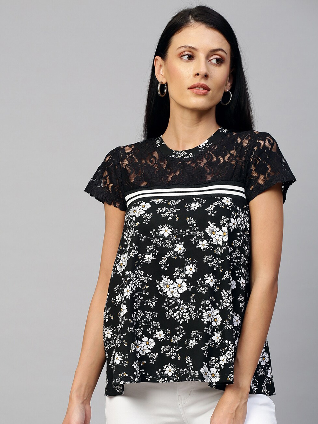 

Chemistry Women Black Floral Printed T-shirt