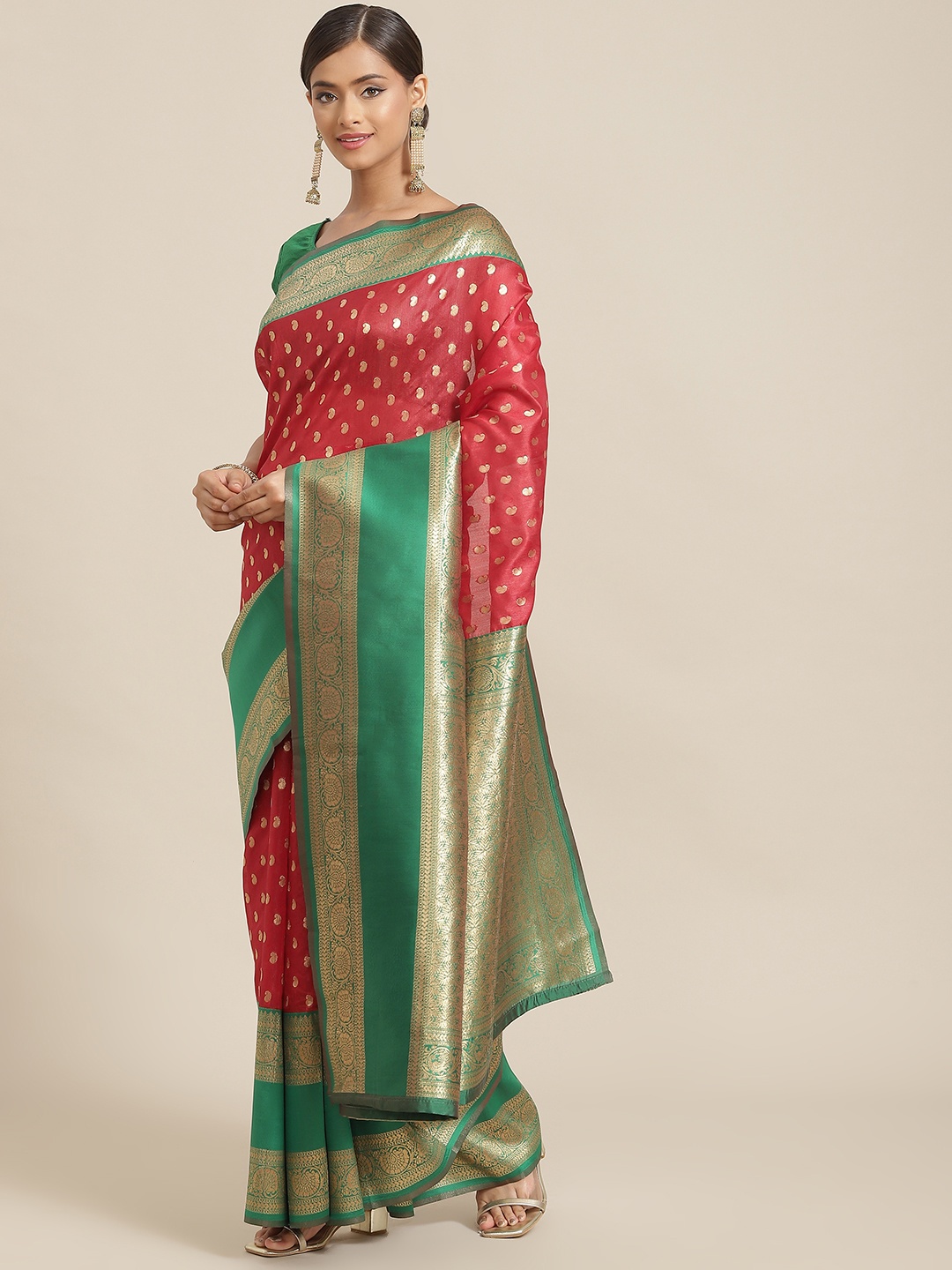 

Silk Land Red & Green Paisley Zari Art Silk Banarasi Saree