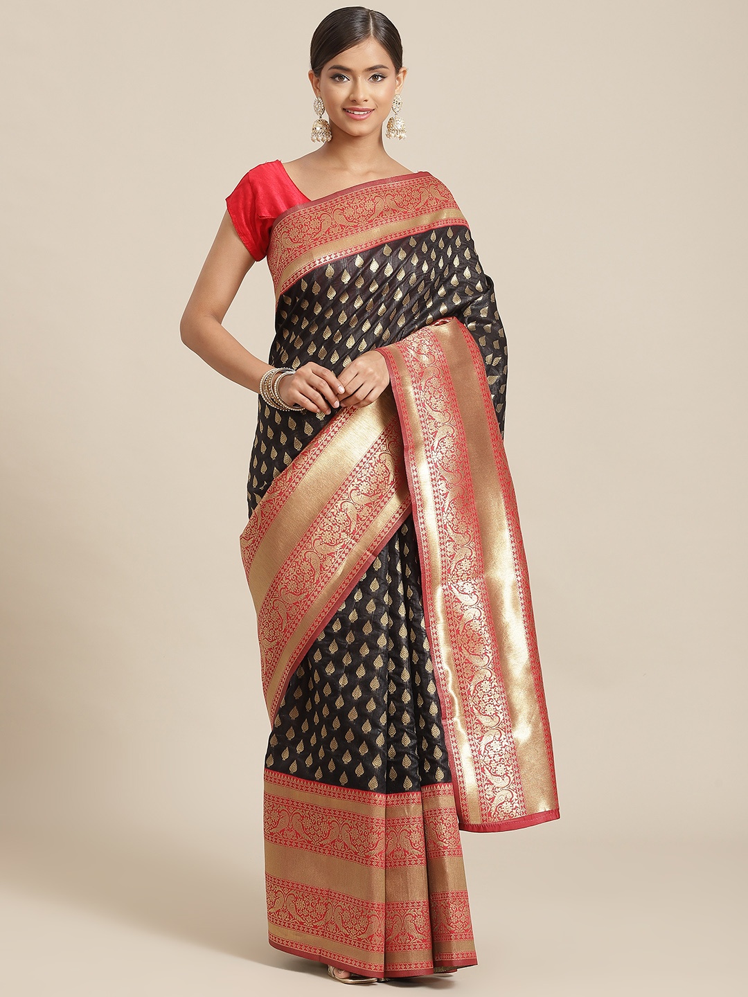 

Silk Land Black & Red Ethnic Motifs Zari Art Silk Banarasi Saree