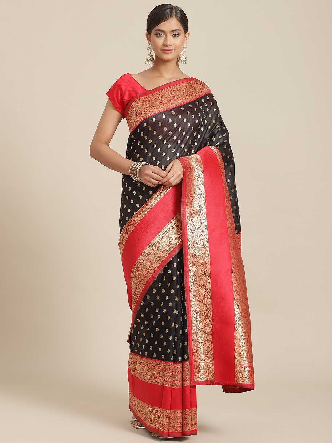 

Silk Land Black & Red Paisley Zari Art Silk Banarasi Saree