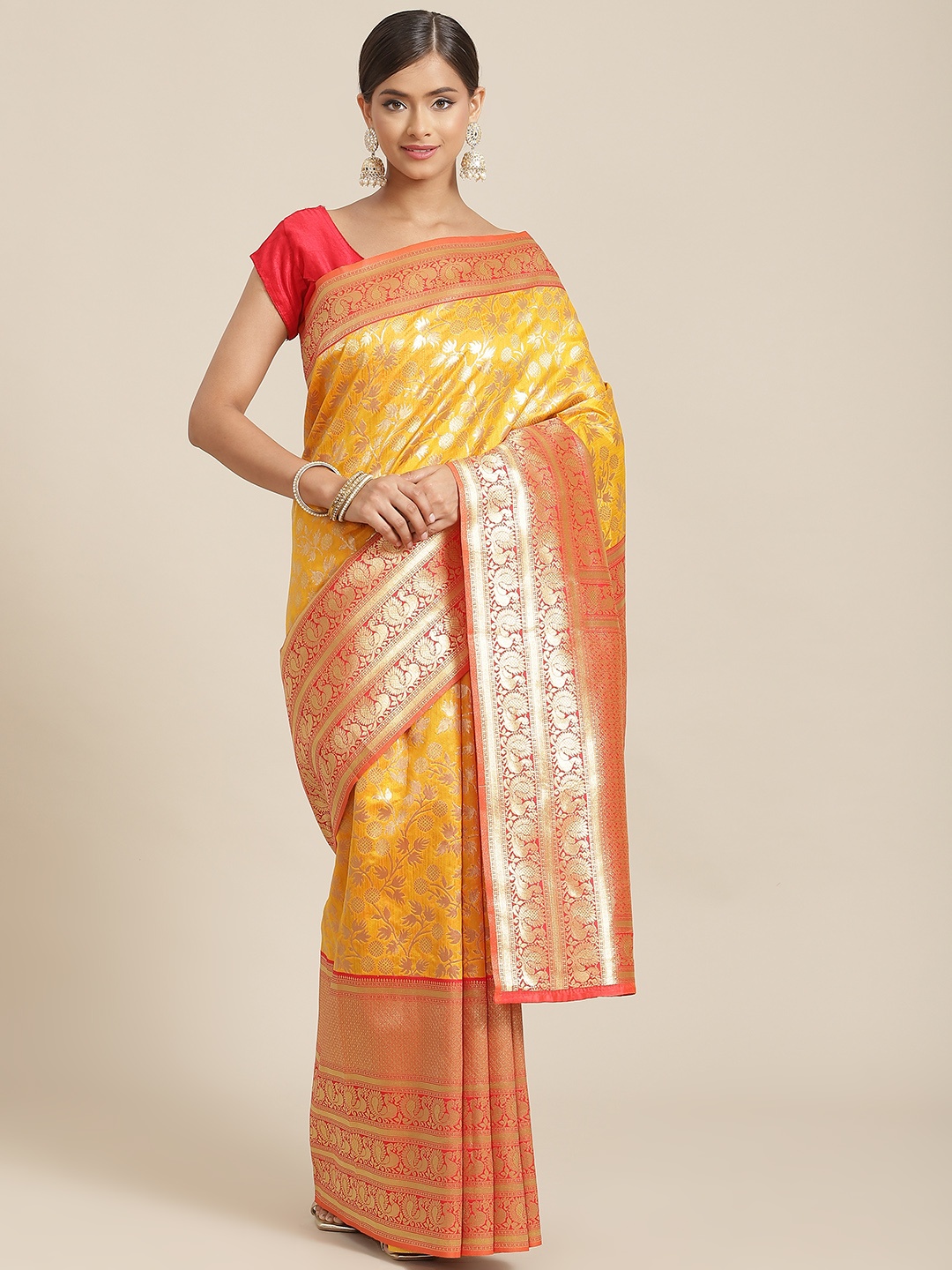 

Silk Land Yellow & Red Floral Zari Art Silk Banarasi Saree