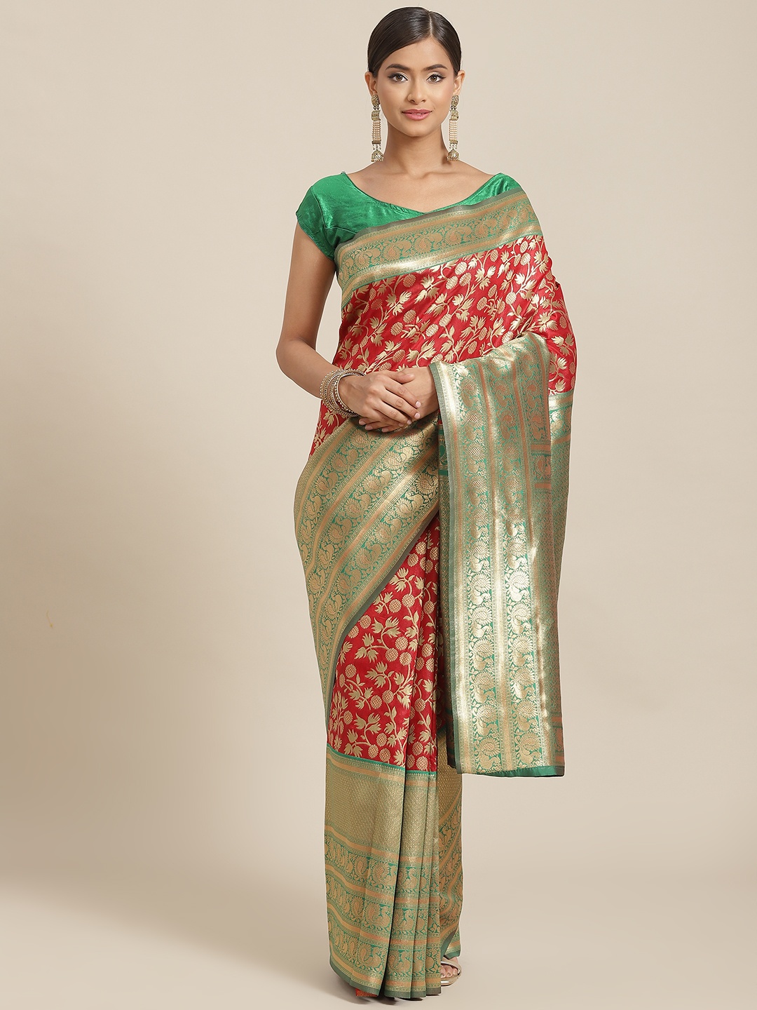 

Silk Land Red & Green Floral Zari Art Silk Banarasi Saree