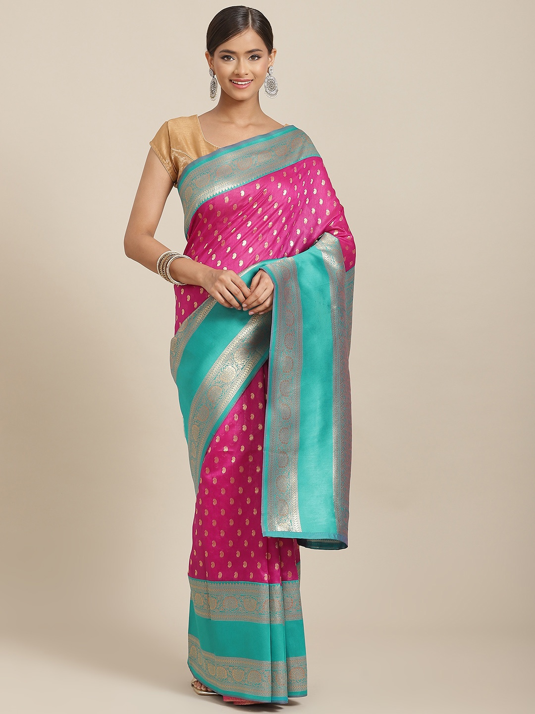 

Silk Land Magenta & Teal Paisley Zari Art Silk Banarasi Saree