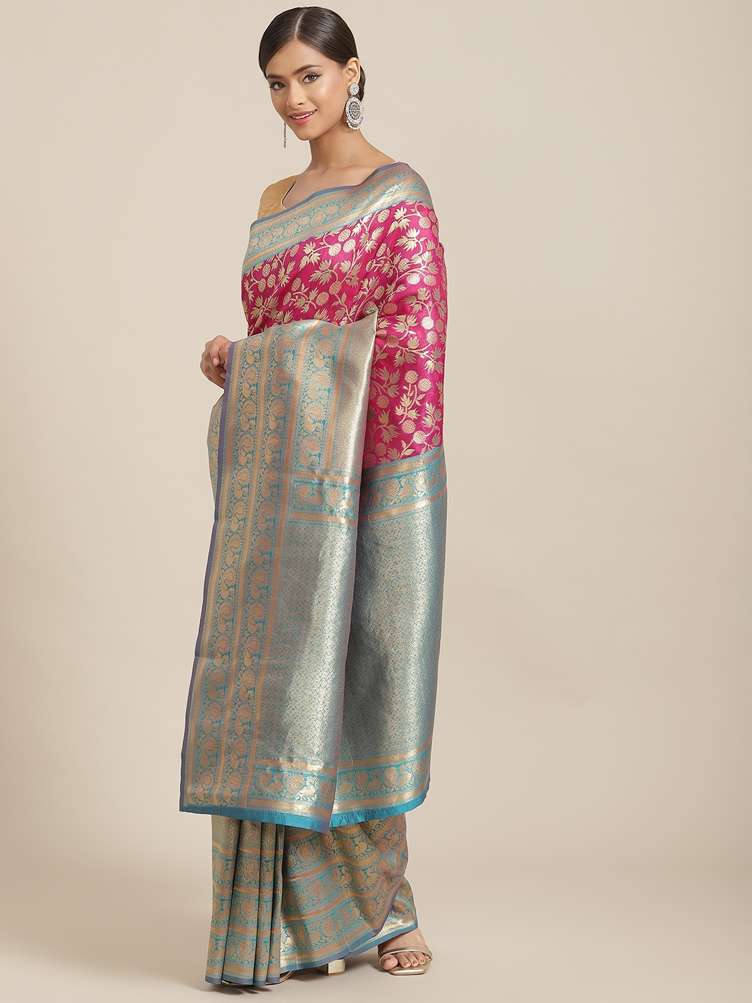 

Silk Land Magenta & Teal Floral Zari Art Silk Banarasi Saree