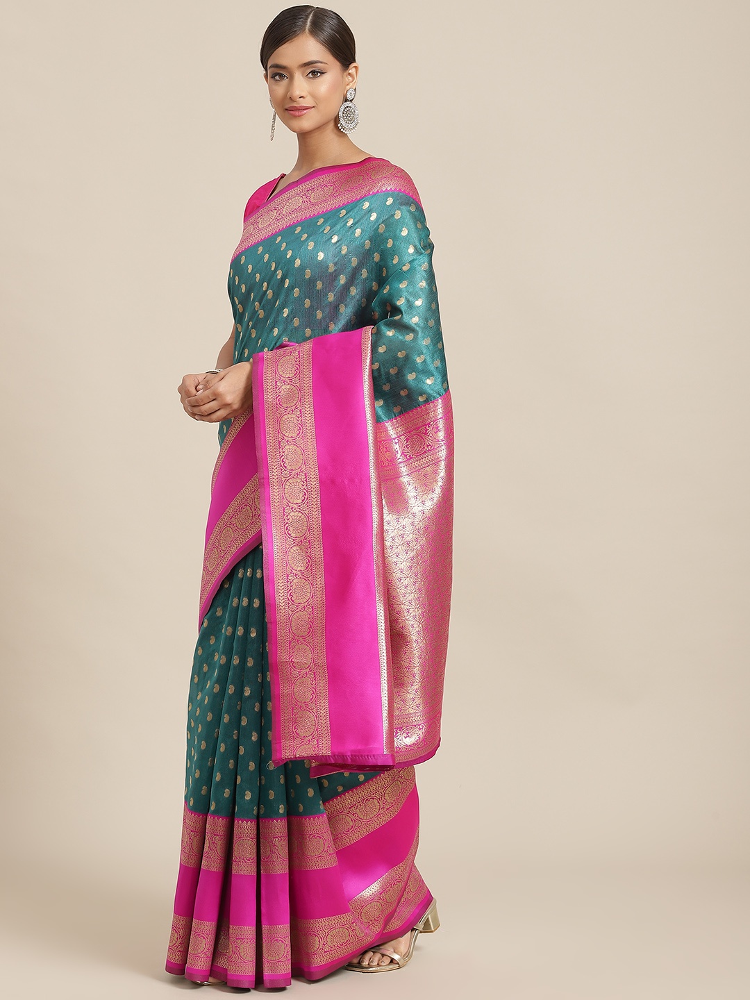 

Silk Land Teal & Pink Paisley Zari Art Silk Banarasi Saree