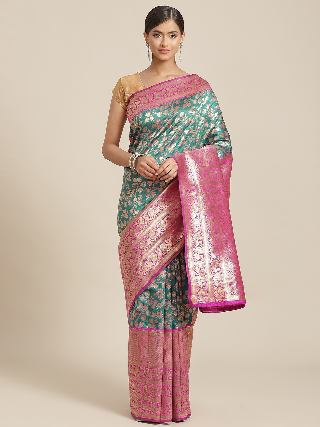 

Silk Land Teal & Pink Floral Zari Art Silk Banarasi Saree