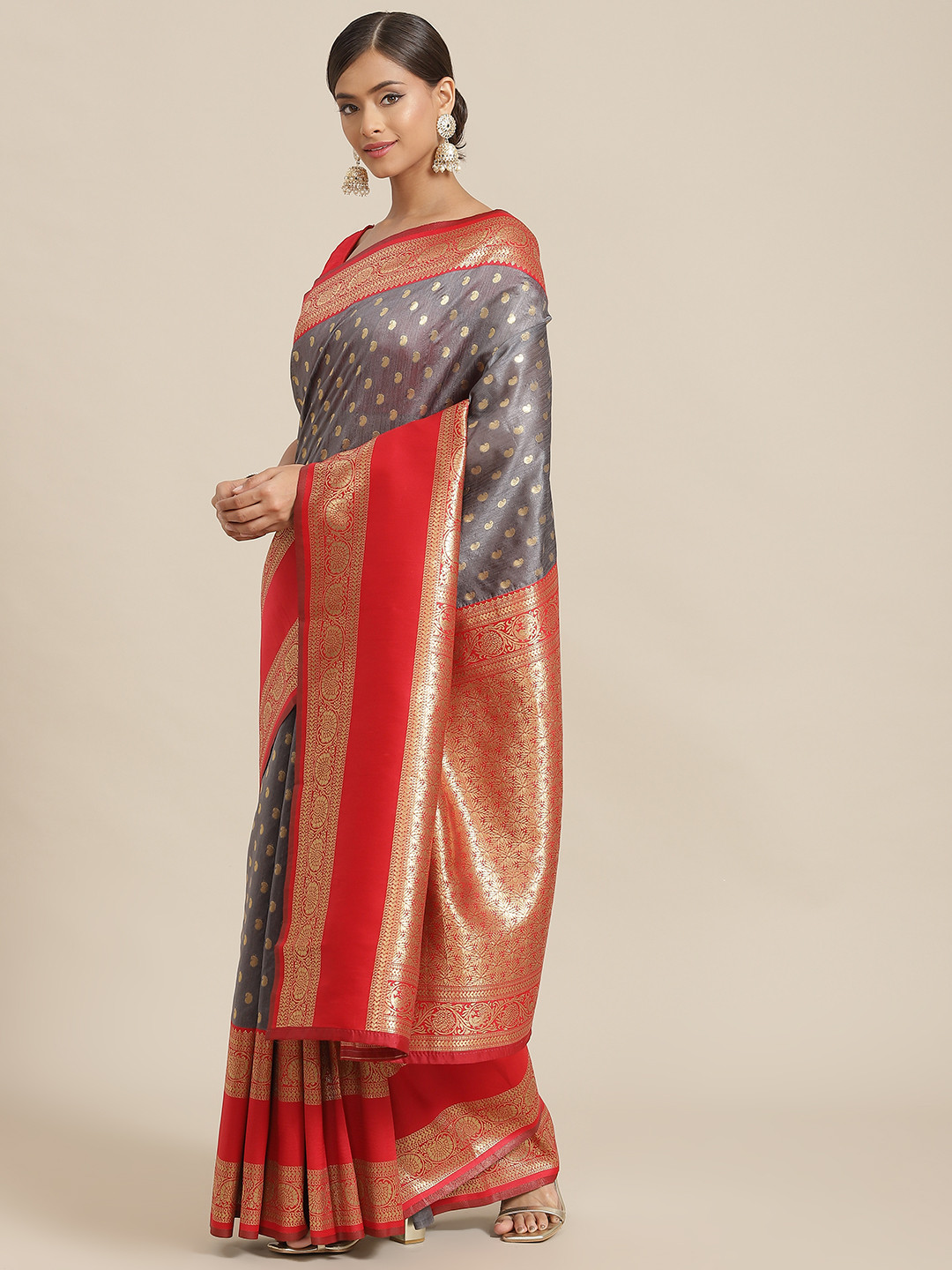 

Silk Land Grey & Red Paisley Zari Art Silk Banarasi Saree