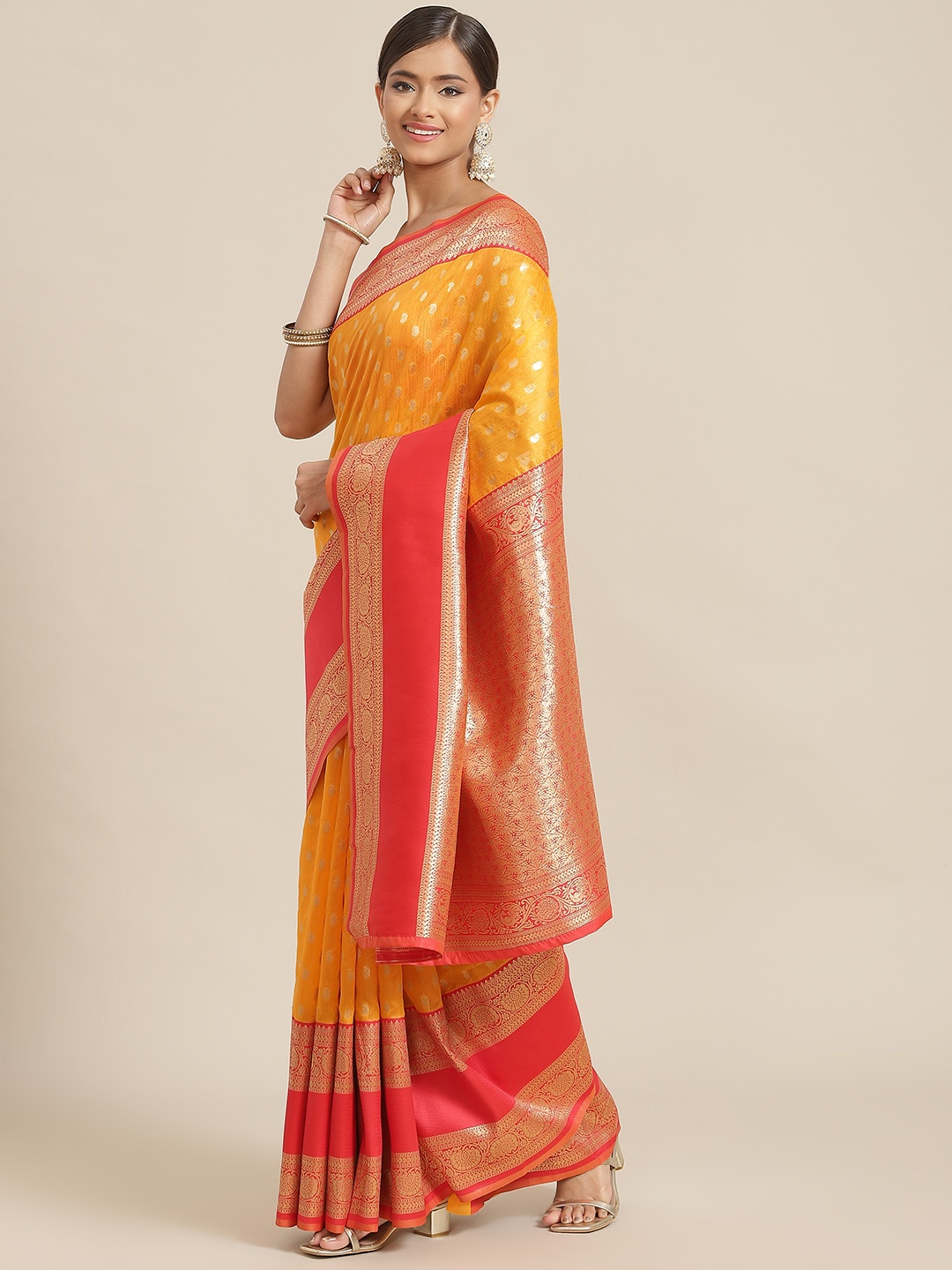 Silk Land Yellow & Red Paisley Zari Art Silk Banarasi Saree