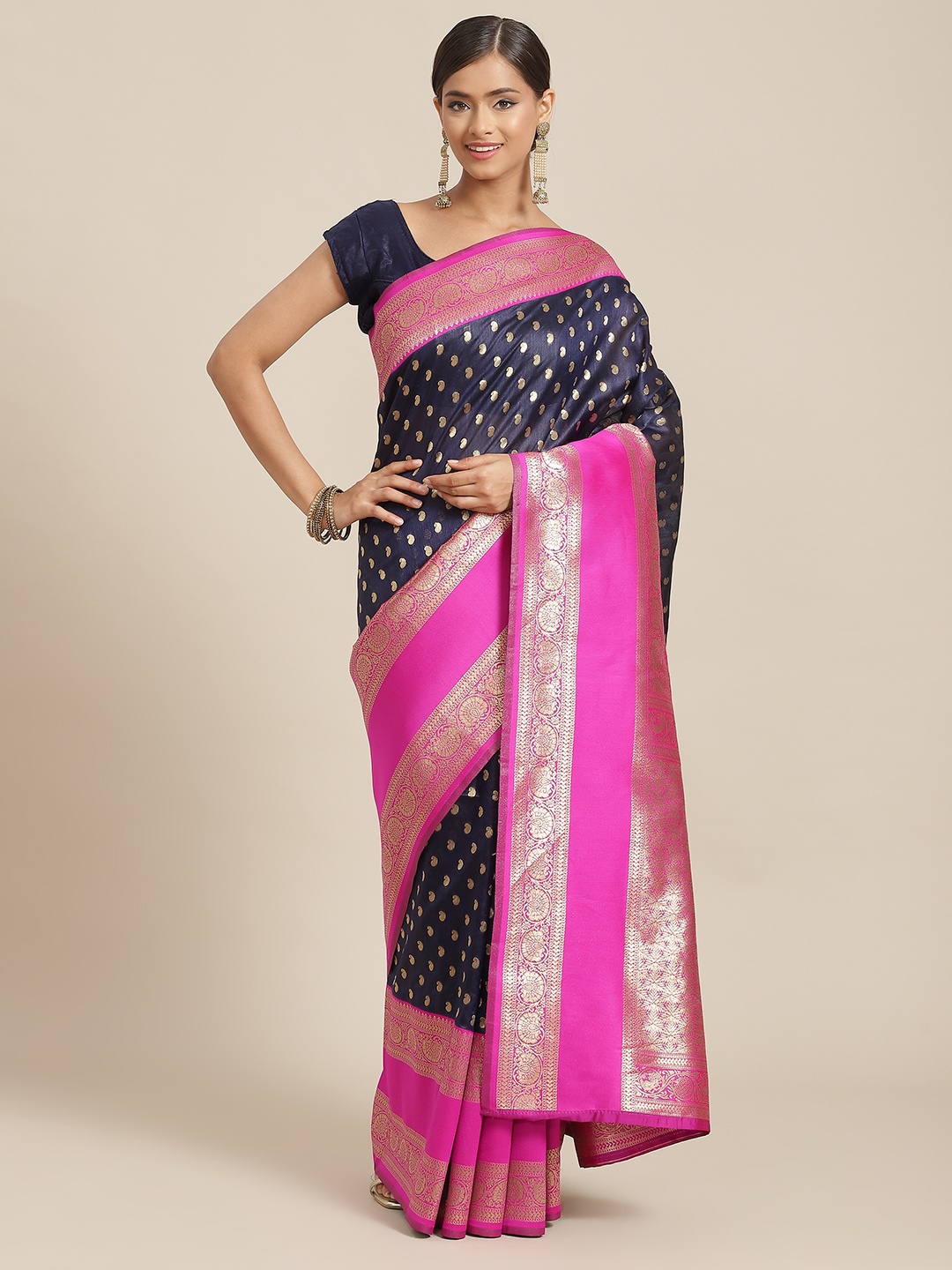 

Silk Land Navy Blue & Pink Ethnic Motifs Zari Art Silk Banarasi Saree