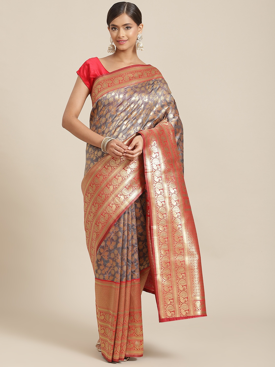 

Silk Land Grey & Red Floral Zari Art Silk Banarasi Saree