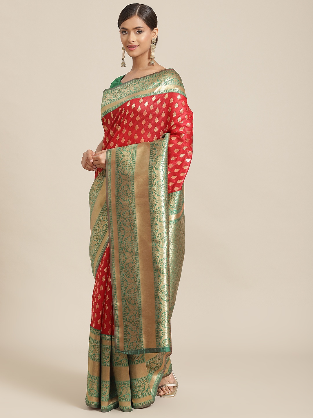 

Silk Land Red & Green Ethnic Motifs Zari Art Silk Banarasi Saree