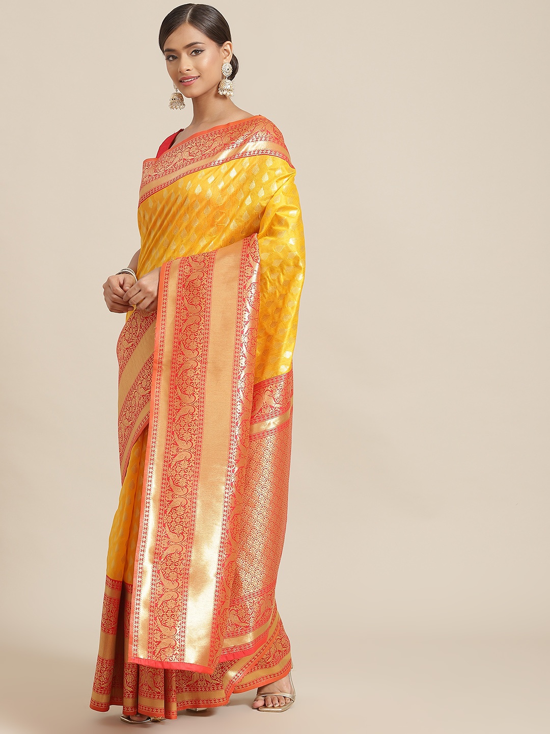 

Silk Land Yellow & Red Ethnic Motifs Zari Art Silk Banarasi Saree