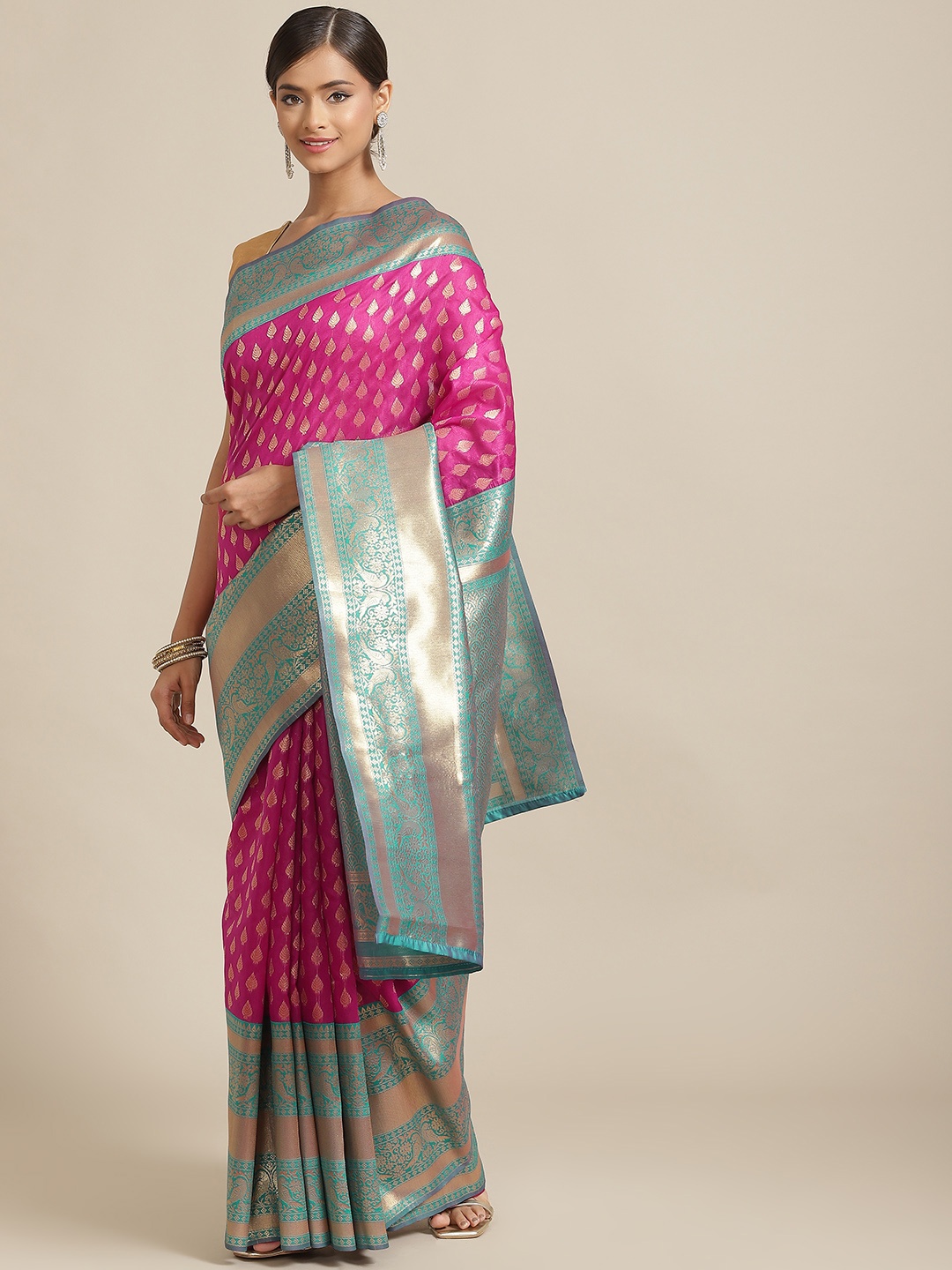 

Silk Land Magenta & Teal Ethnic Motifs Zari Art Silk Banarasi Saree