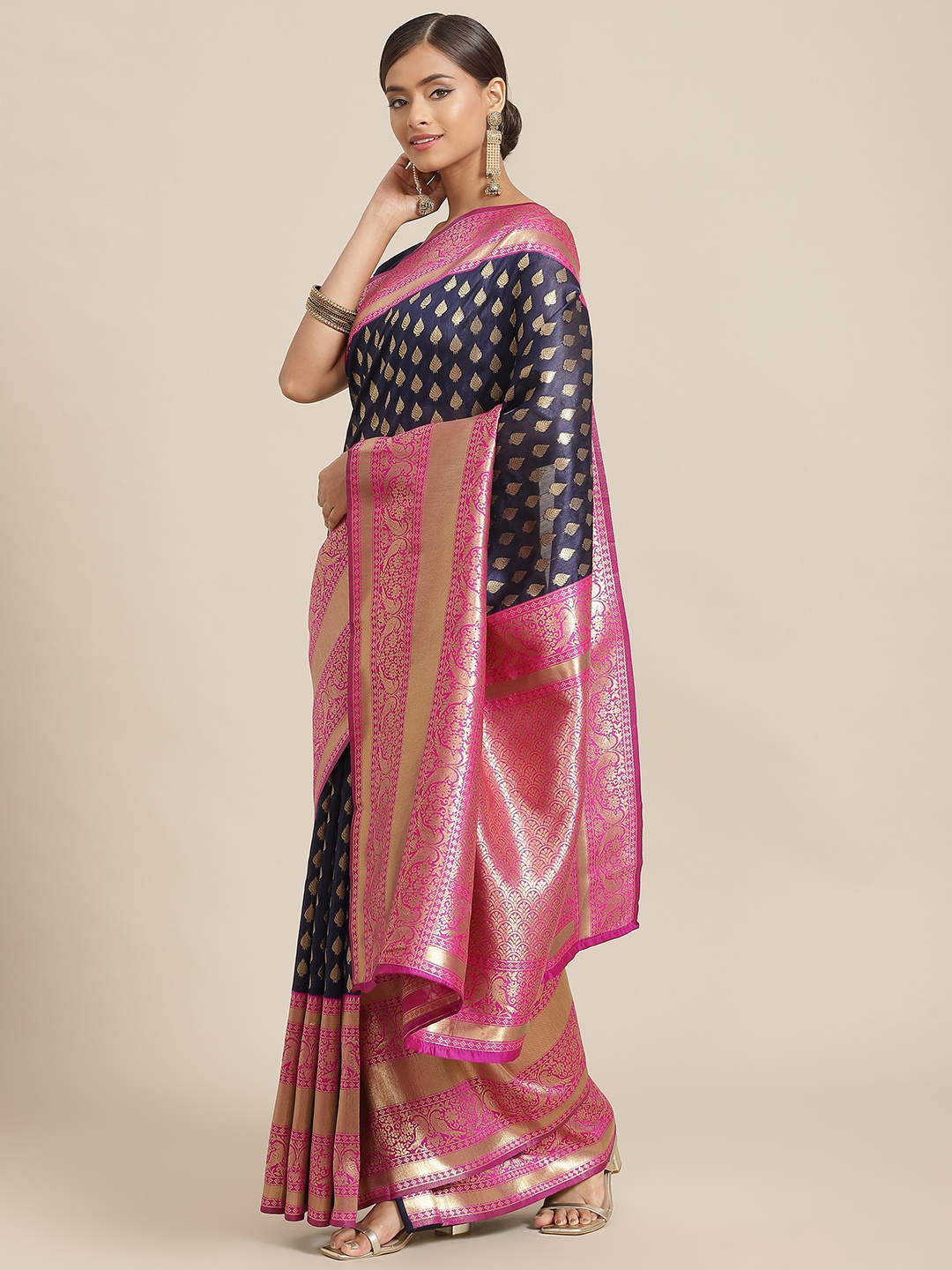 

Silk Land Navy Blue & Pink Paisley Zari Art Silk Banarasi Saree