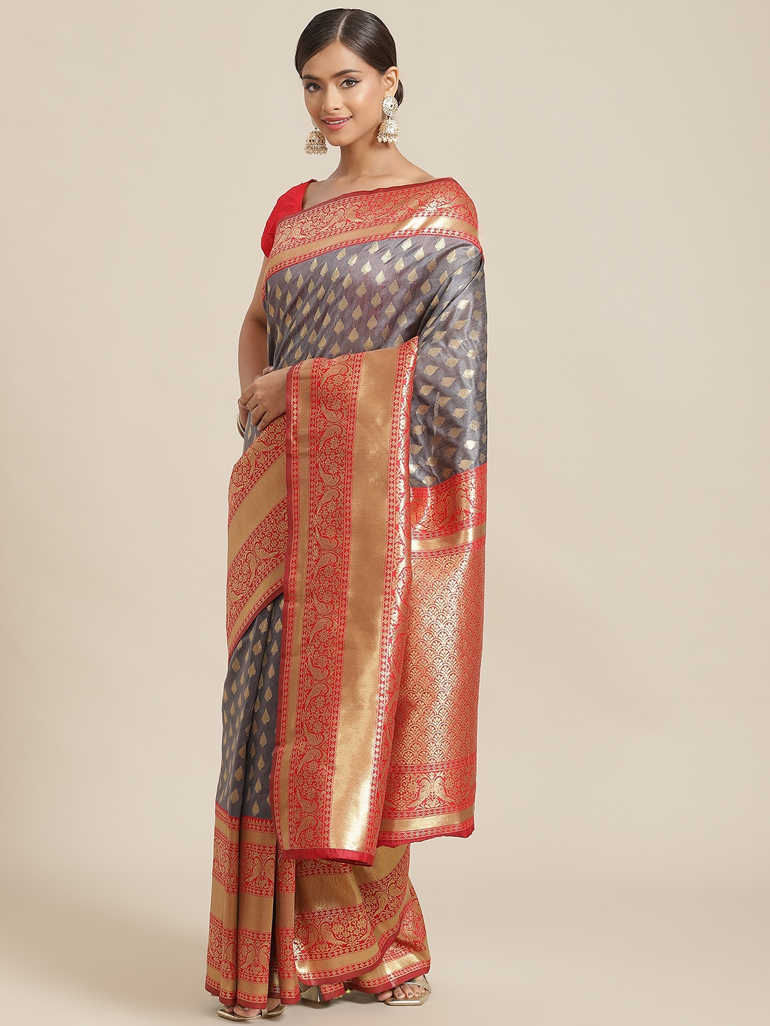 Silk Land Grey & Red Ethnic Motifs Zari Art Silk Banarasi Saree