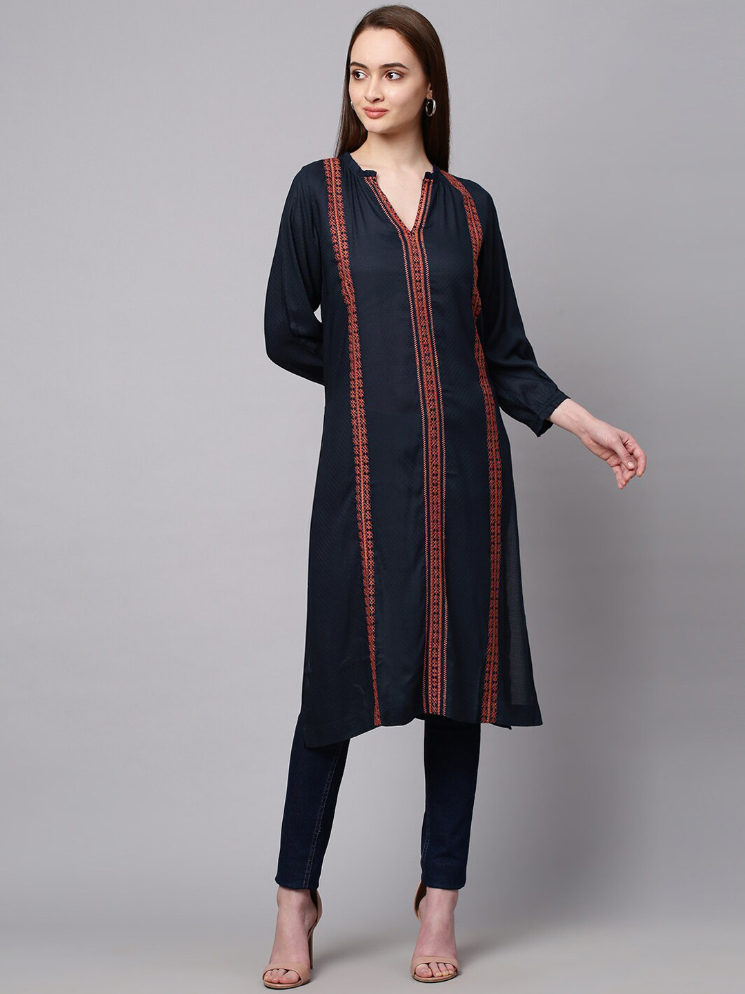 

Chemistry Women Navy Blue Jacquard Kurta