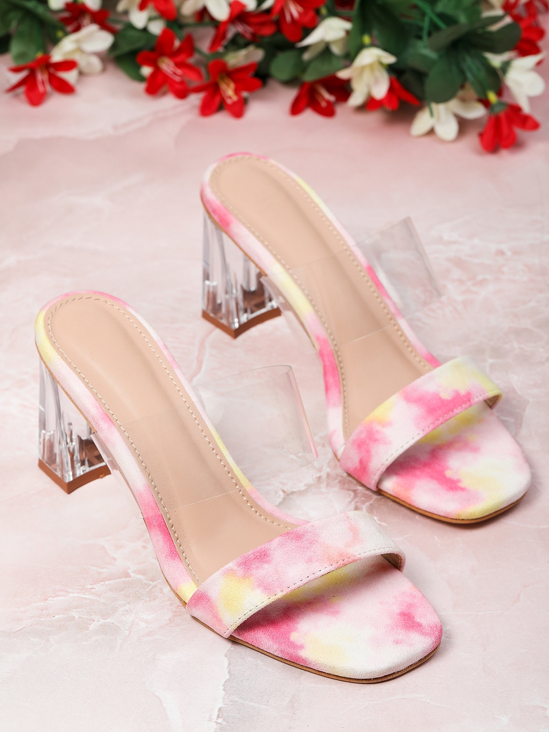 

H3F Pink Printed Suede Party Block Mules