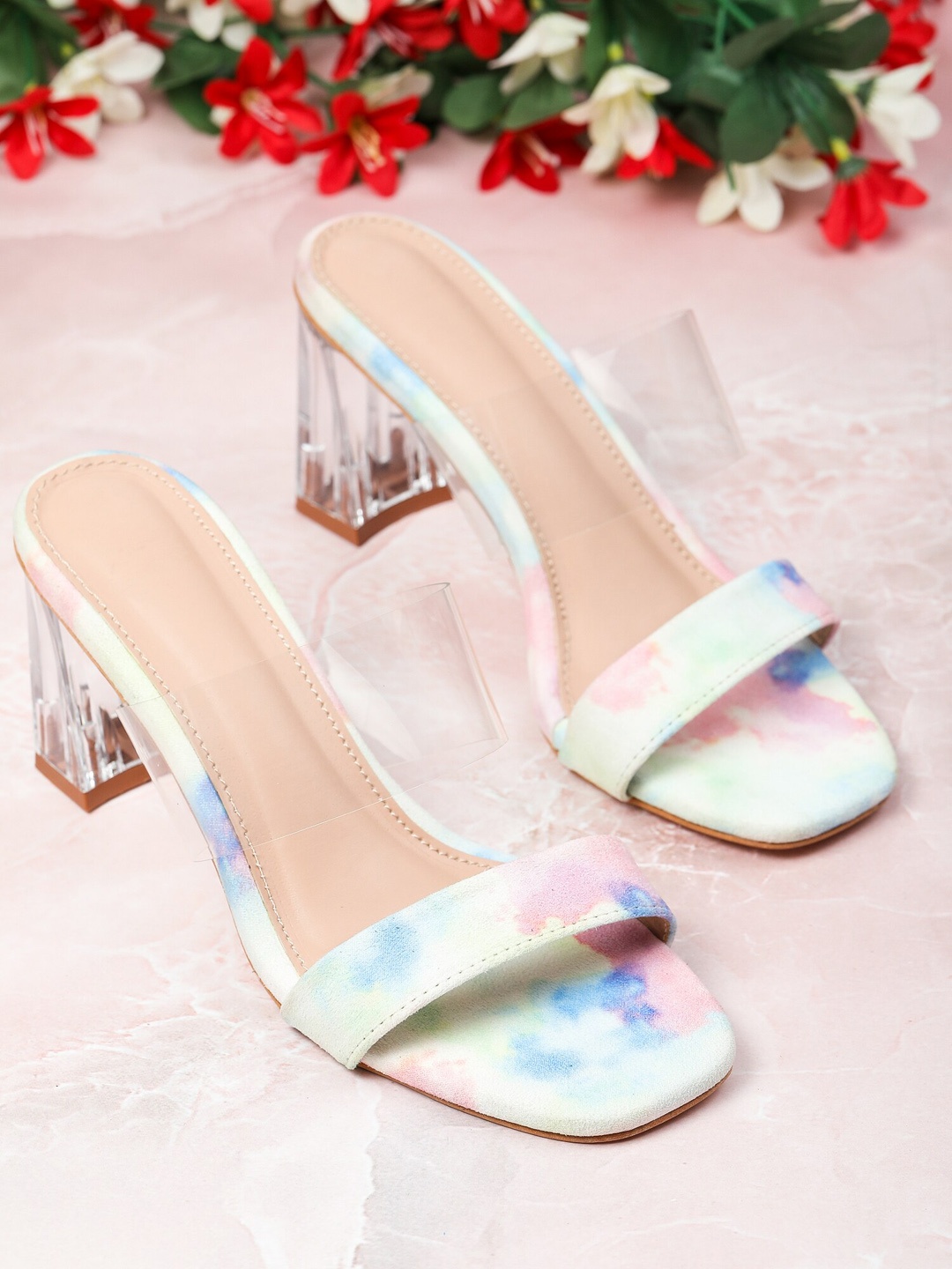 

H3F Blue Printed Suede Party Block Mules